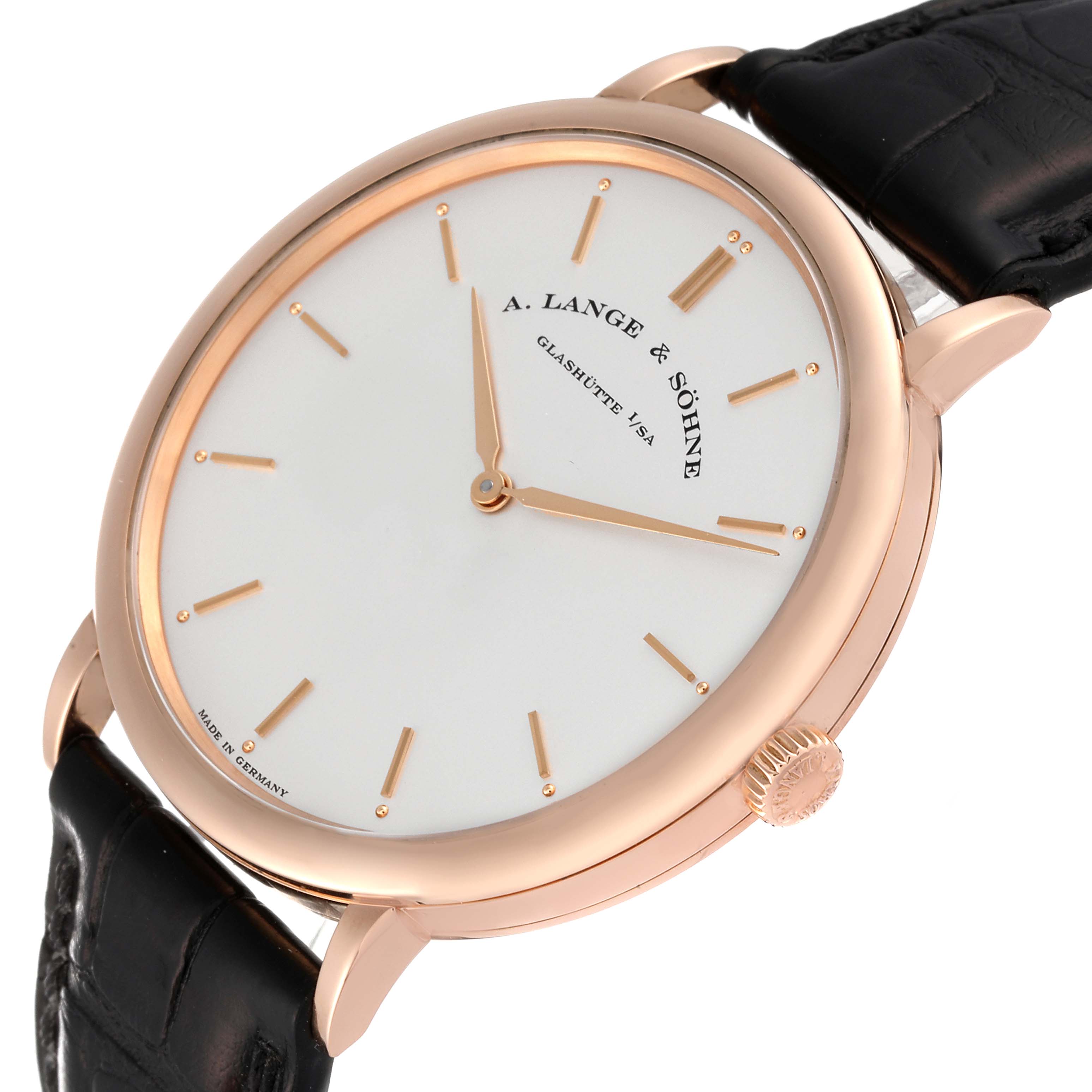 The image shows a close-up, angled view of the A. Lange & Sohne Saxonia 211.032 Men's Rose Gold Silver Dial watch, focusing on the dial, crown, and black leather strap.