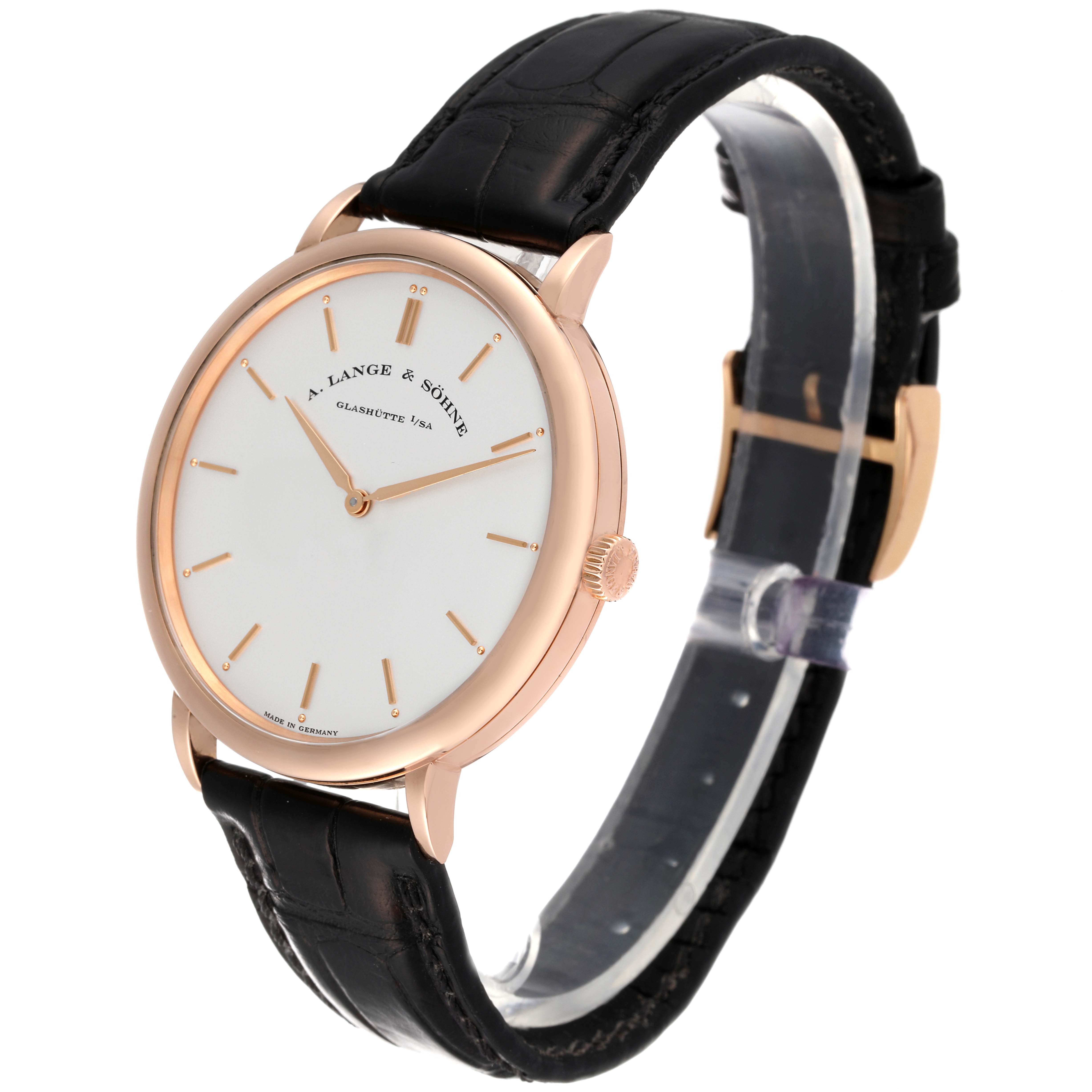 The image shows a side angle view of the A. Lange & Sohne Saxonia 211.032 Men's Rose Gold Silver Dial watch with a leather strap and rose gold case.