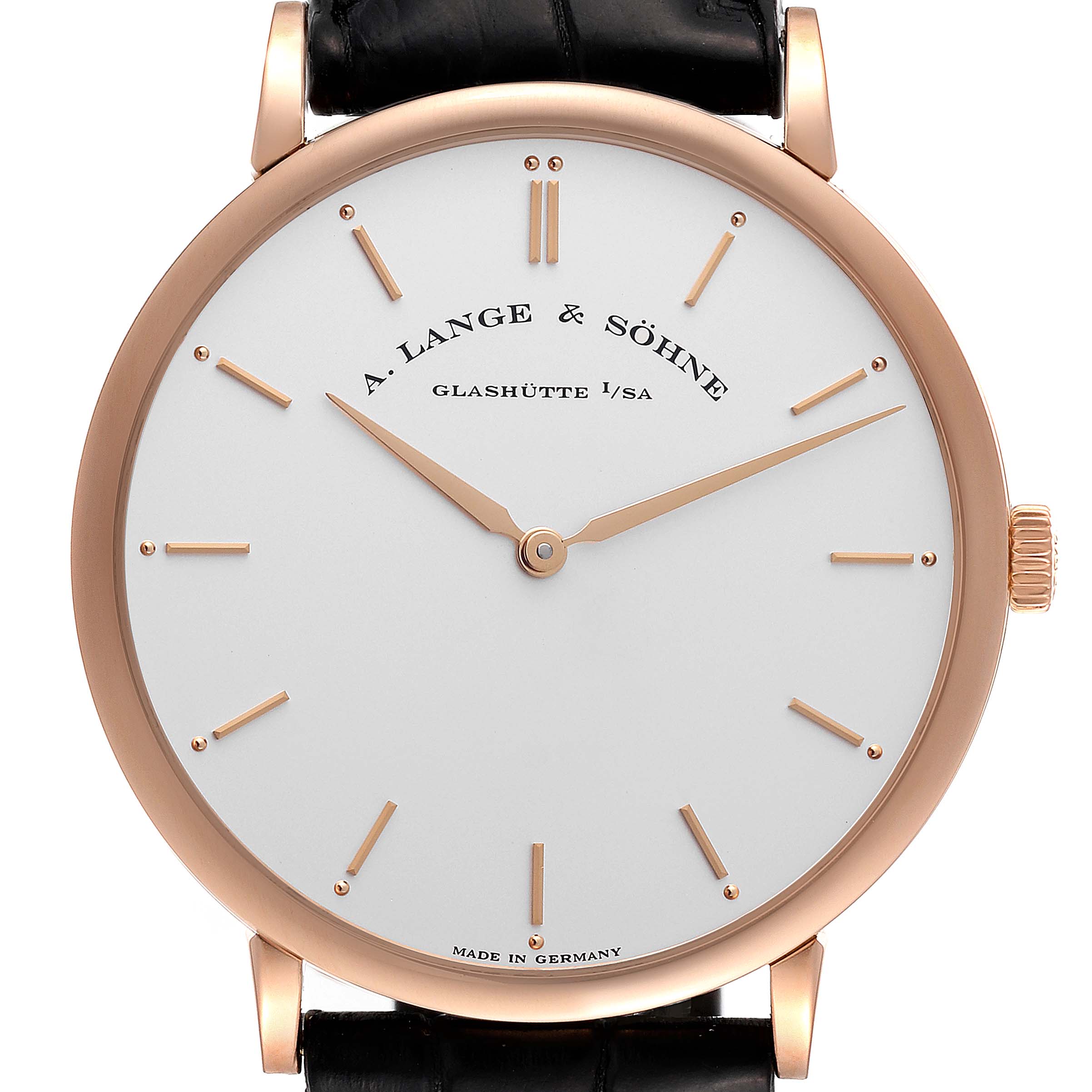 The image shows a front view of the A. Lange & Sohne Saxonia 211.032 Men's Rose Gold Silver Dial watch, displaying its dial, hands, case, and crown.