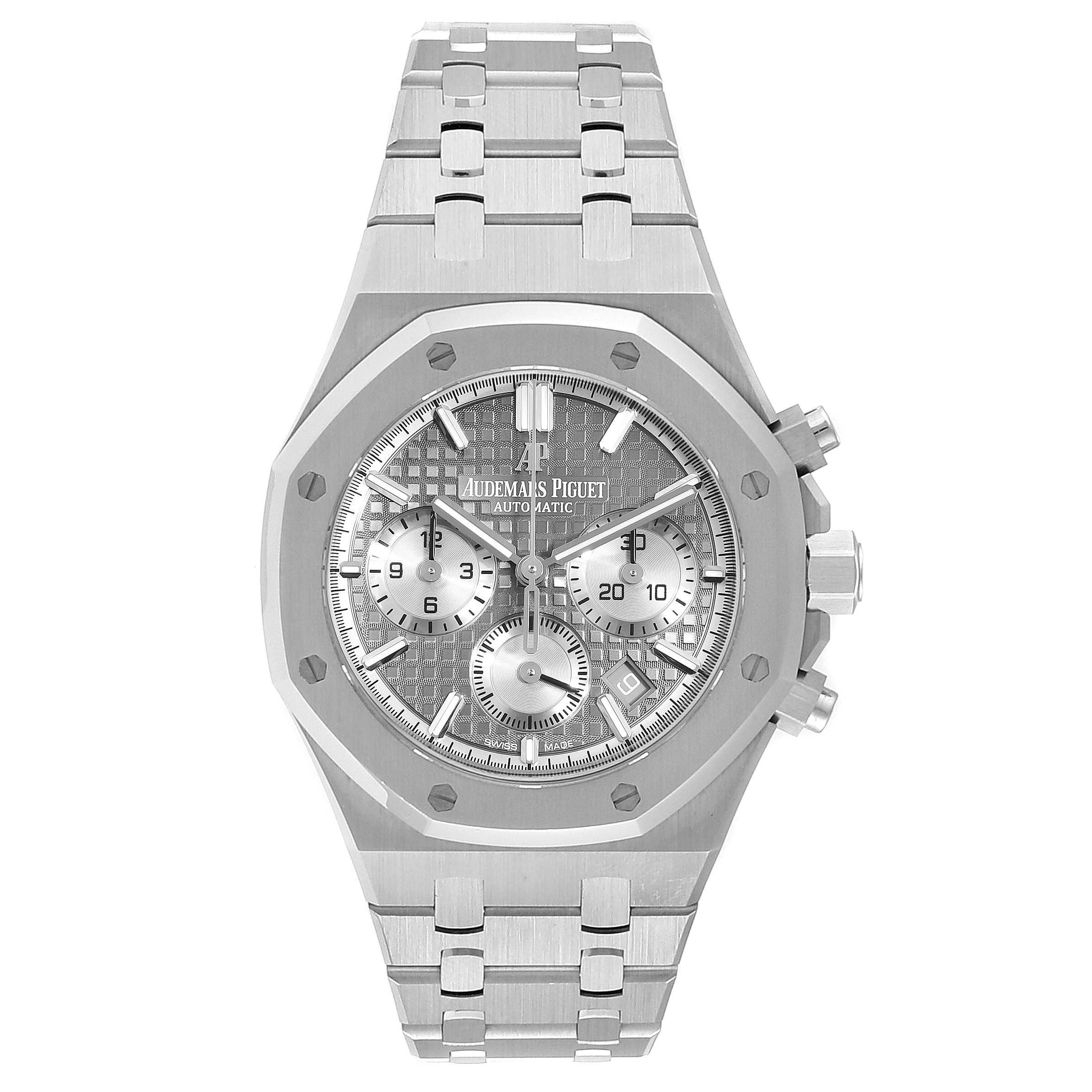 This image shows a front view of the Audemars Piguet Royal Oak 26315ST.OO.1256ST.02 Men's Stainless Steel Silver Dial 26315ST.OO.1256ST.02 Men's Stainless Steel Silver Dial watch, displaying its dial, case, and bracelet.