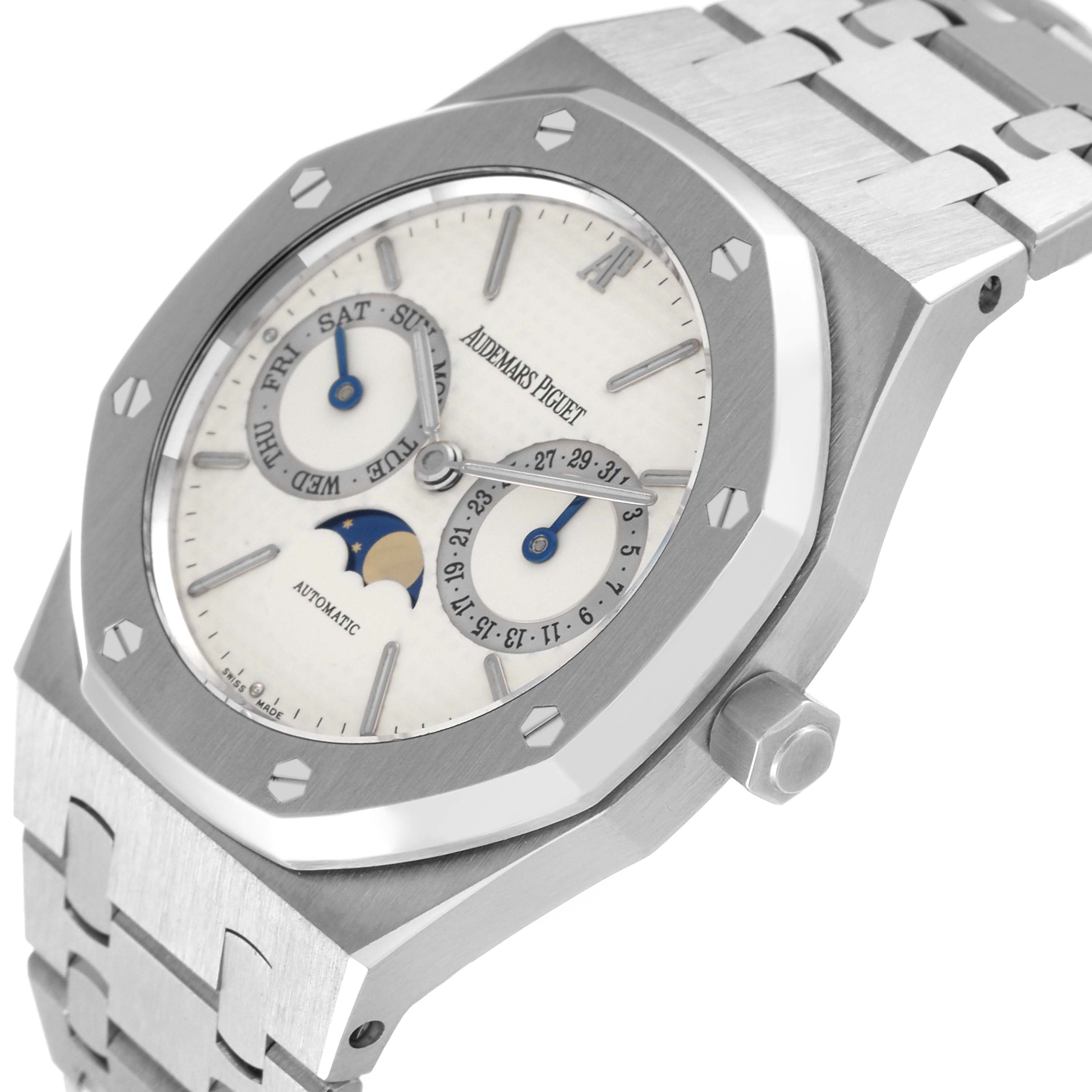 The image shows an Audemars Piguet Royal Oak 25594ST.OO.0789ST.05 Men's Stainless Steel Silver Dial 25594ST.OO.0789ST.05 Men's Stainless Steel Silver Dial watch at a slight angle, highlighting its octagonal bezel, dial, subdials, and metal bracelet.