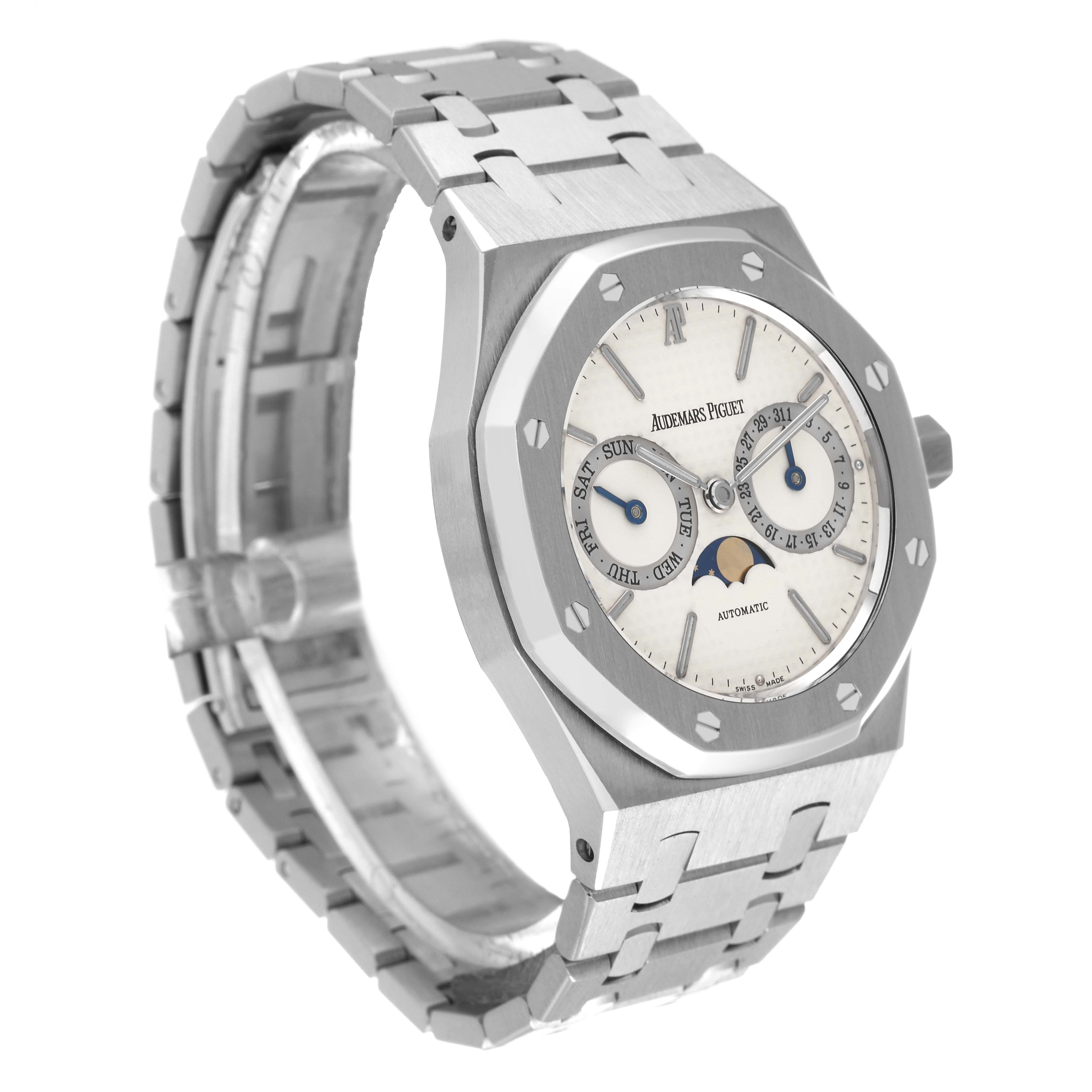 This image shows a Royal Oak model watch by Audemars Piguet from a front-left angle, displaying the face and metal bracelet.