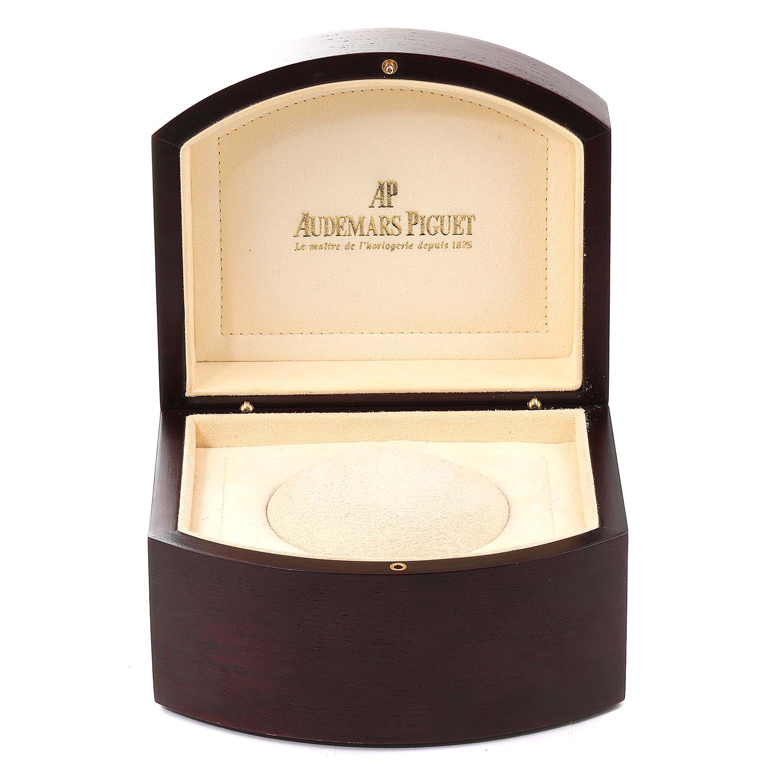 This image shows an open presentation box for an Audemars Piguet Royal Oak 25594ST.OO.0789ST.05 Men's Stainless Steel Silver Dial 25594ST.OO.0789ST.05 Men's Stainless Steel Silver Dial watch.