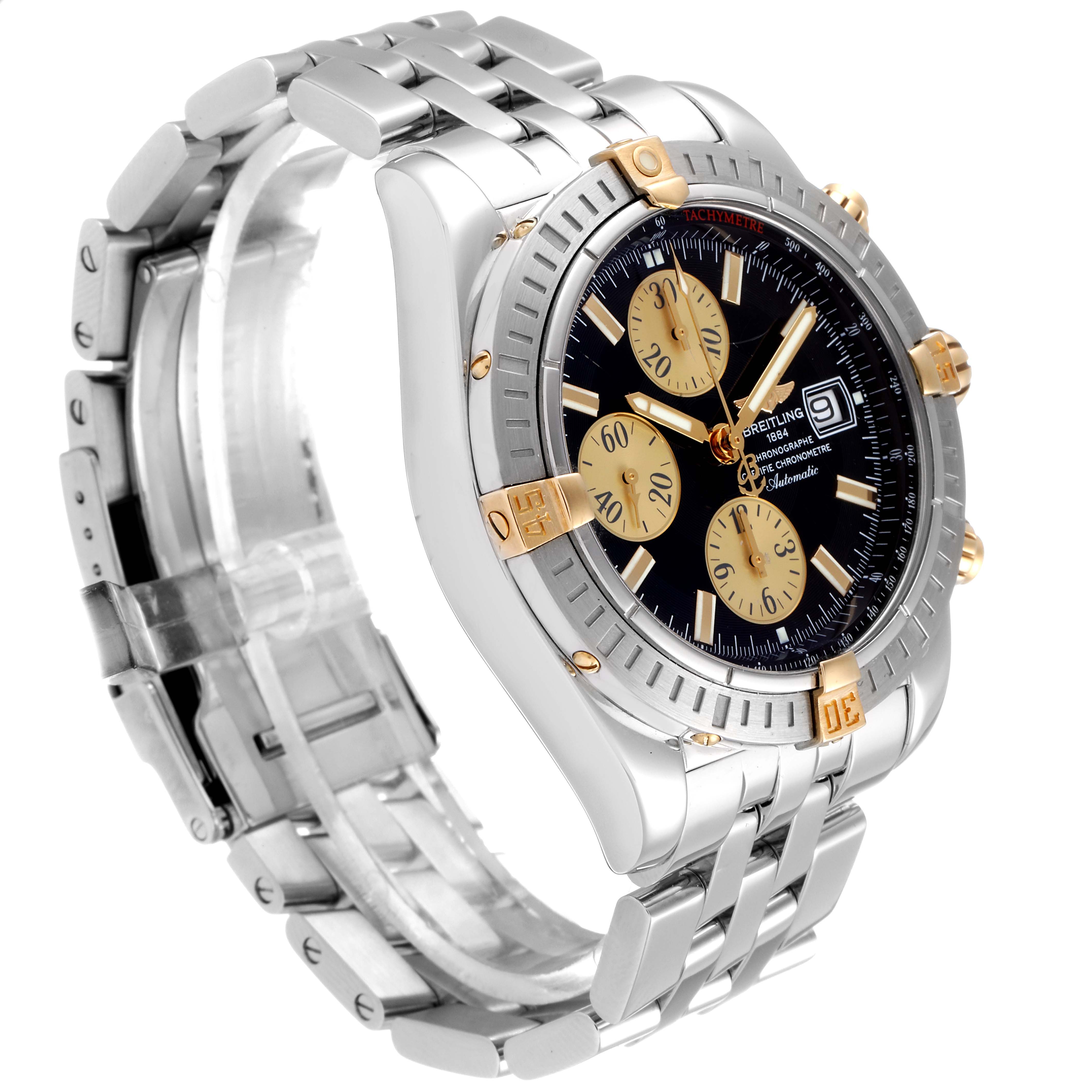 The image shows a side angle of the Breitling Chronomat B13356 Men's Steel and Gold (two tone) Black Dial B13356 Men's Steel and Gold (two tone) Black Dial watch, highlighting its bezel, chronograph dials, and metal bracelet.