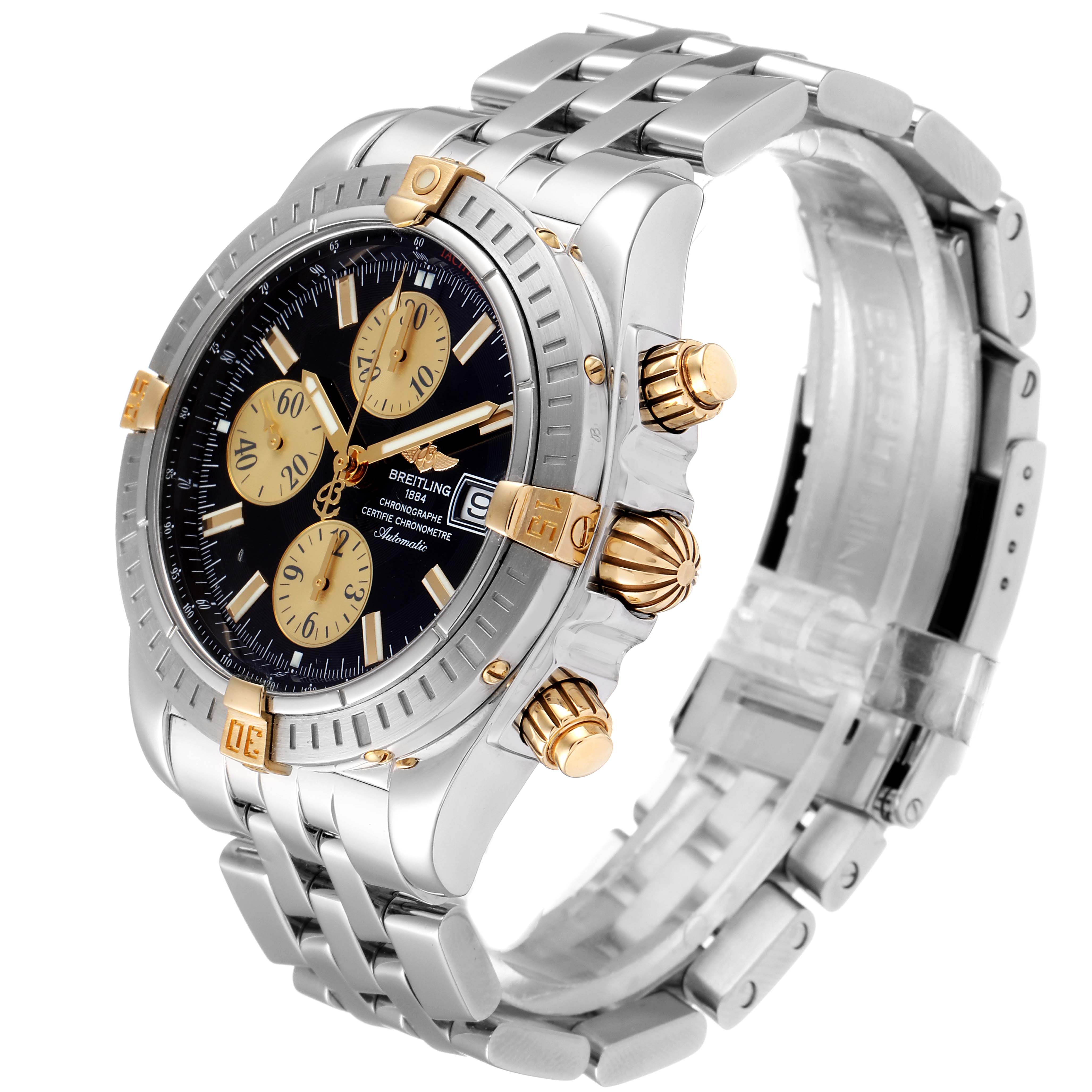 The Breitling Chronomat B13356 Men's Steel and Gold (two tone) Black Dial B13356 Men's Steel and Gold (two tone) Black Dial watch is shown at an angled side view, highlighting its dial, bezel, and bracelet.