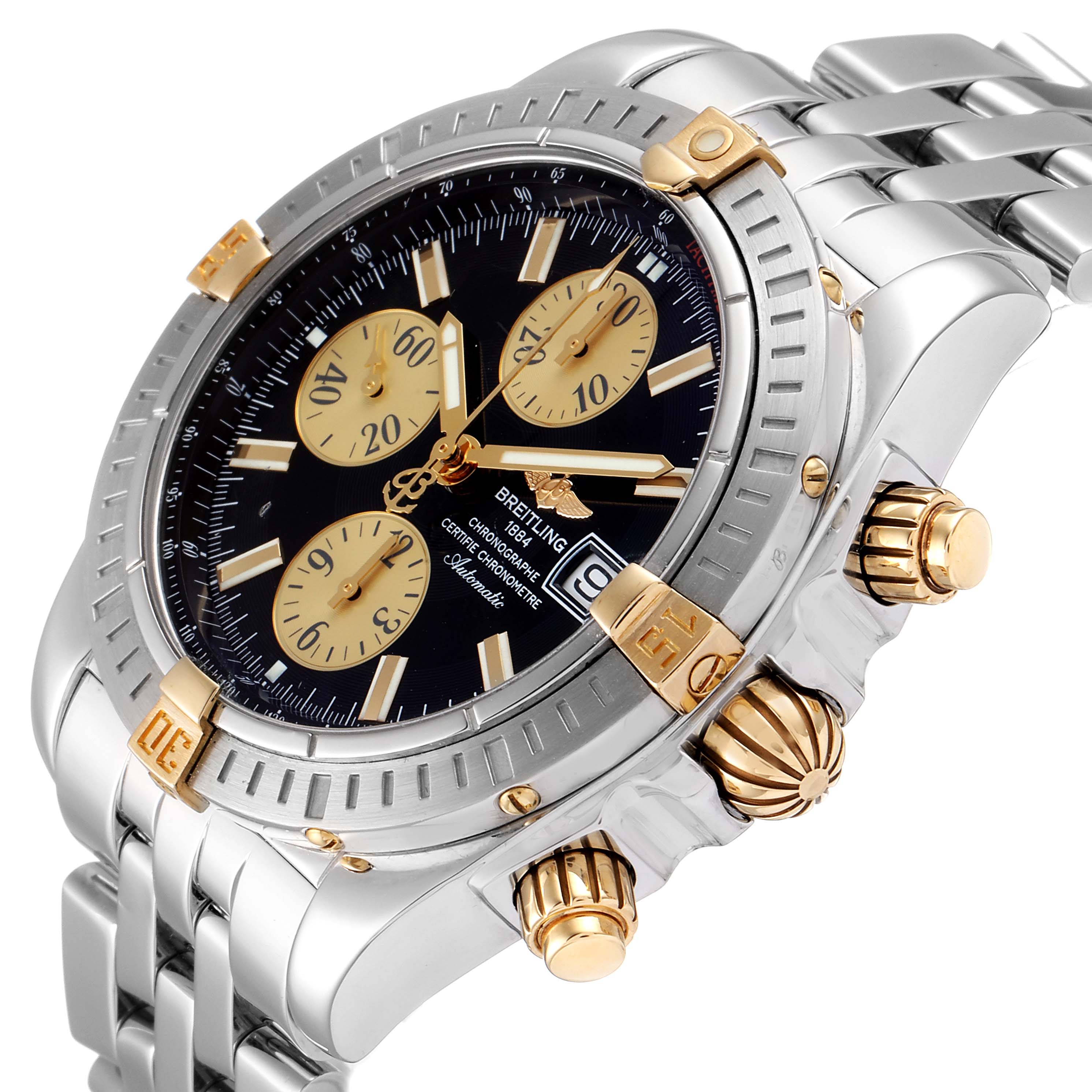 The image shows a Breitling Chronomat B13356 Men's Steel and Gold (two tone) Black Dial B13356 Men's Steel and Gold (two tone) Black Dial watch at an angled side view, highlighting the dial, bezel, crown, and bracelet.