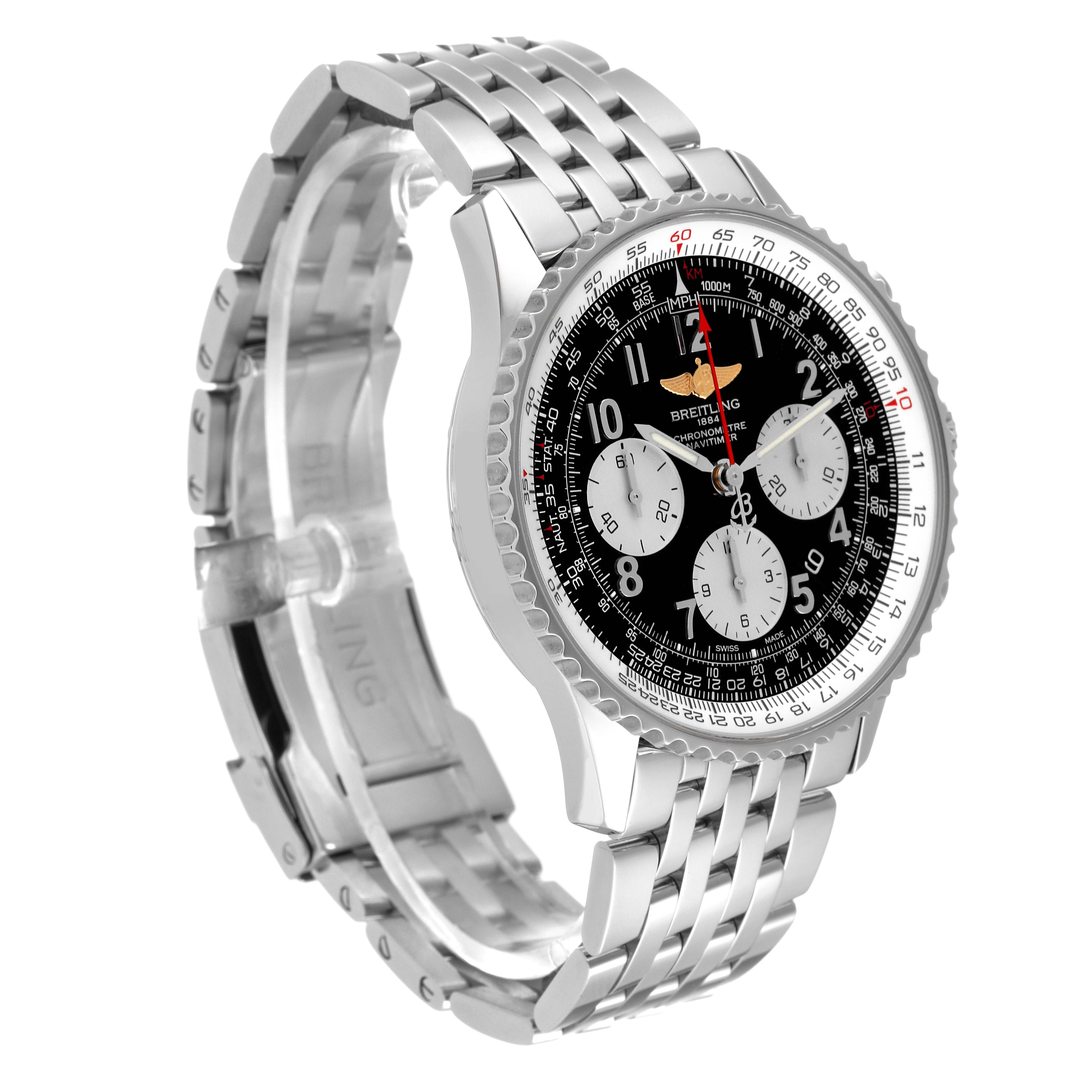 This Breitling Navitimer AB0120 Men
s Stainless Steel Black Dial AB0120 Men
s Stainless Steel Black Dial watch is shown at a three-quarter angle, highlighting its dial, bezel, and bracelet.
