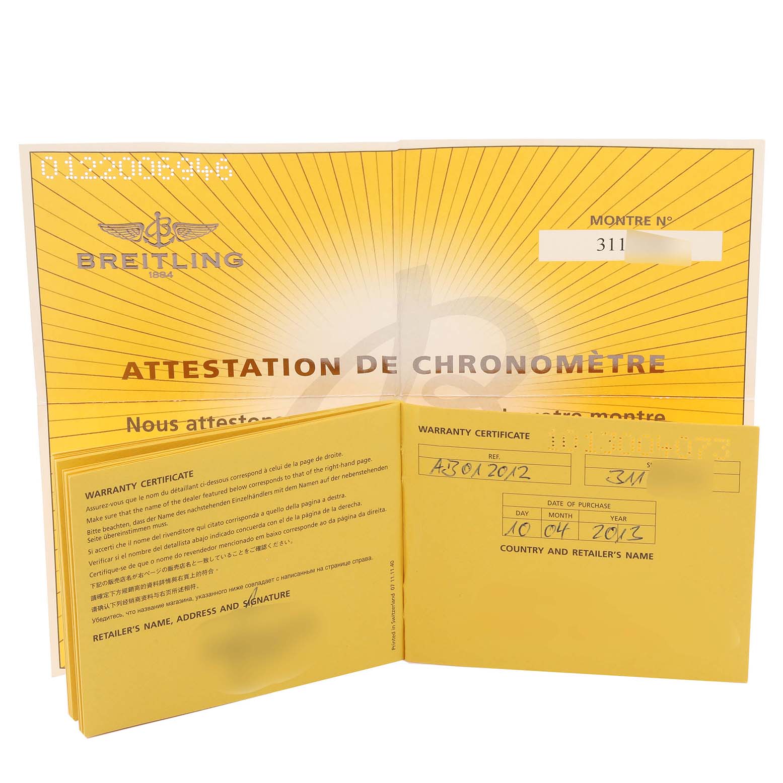 The image shows the warranty certificate and chronometer attestation booklet for a Breitling Navitimer AB0120 Men
s Stainless Steel Black Dial AB0120 Men
s Stainless Steel Black Dial watch.