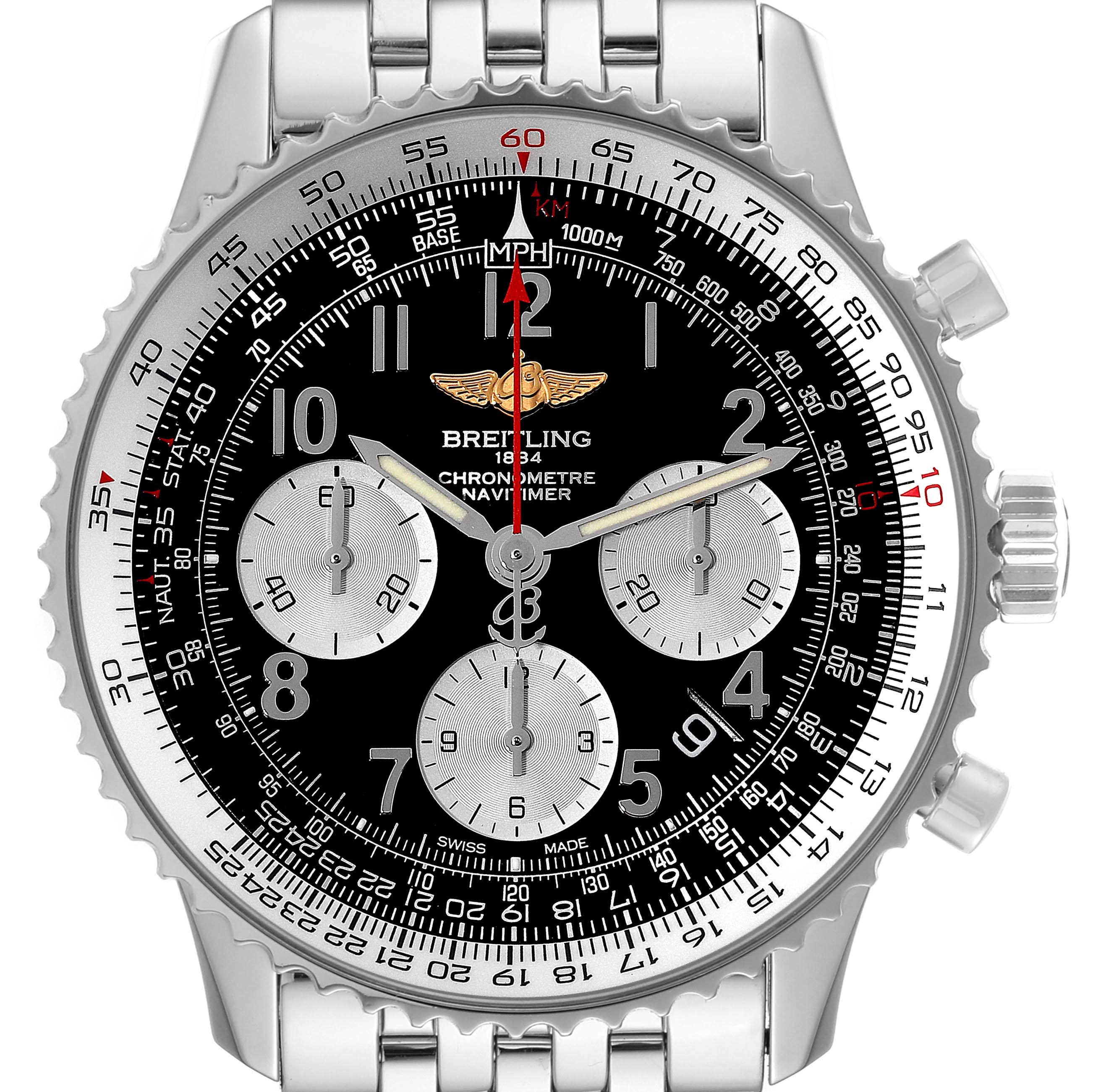 The image shows a front view of the Breitling Navitimer AB0120 Men
s Stainless Steel Black Dial AB0120 Men
s Stainless Steel Black Dial watch, highlighting its dial, bezel, subdials, and bracelet.