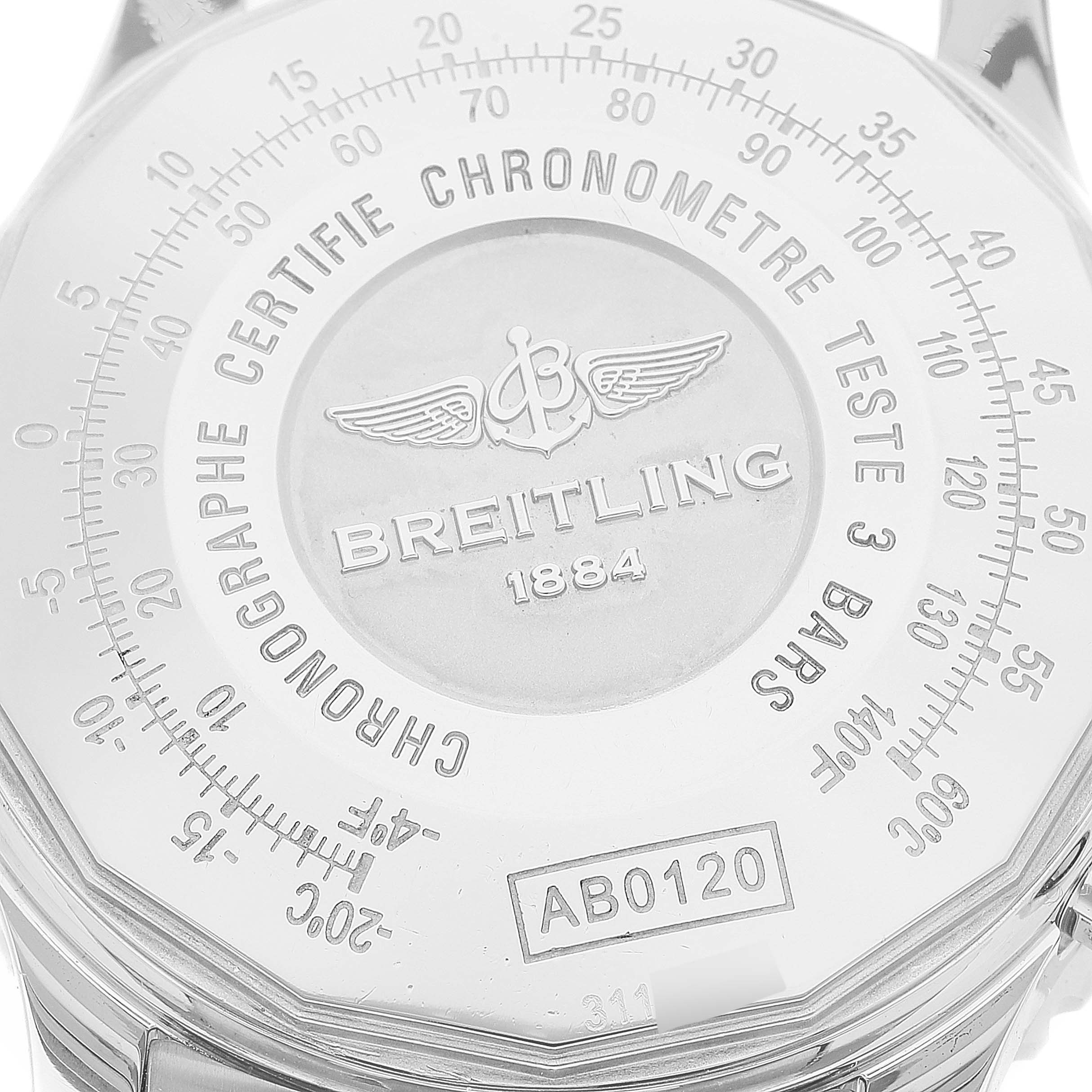 The image shows the back case of the Navitimer model by Breitling, highlighting the brand logo and certification details.