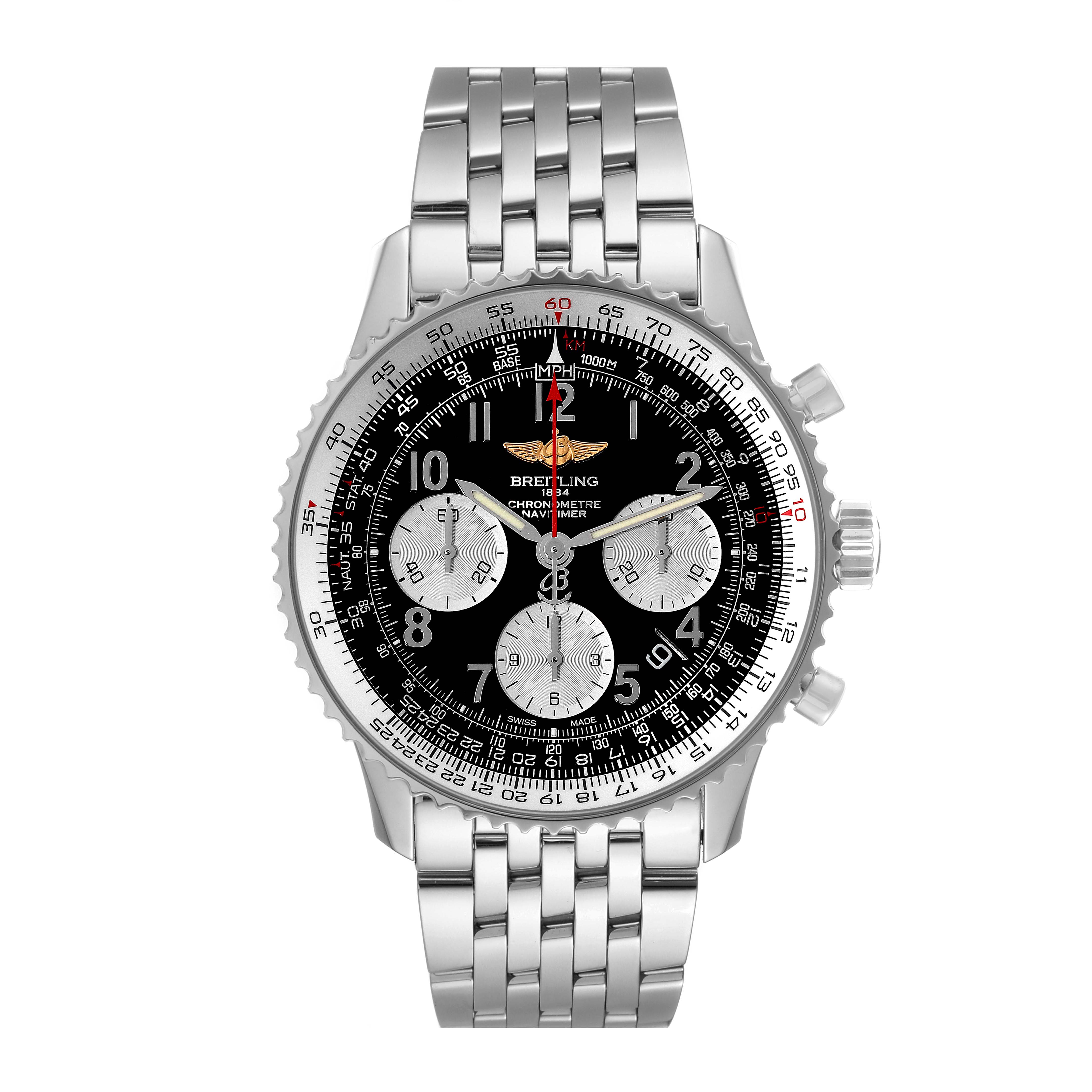 The image shows a front view of the Breitling Navitimer AB0120 Men
s Stainless Steel Black Dial AB0120 Men
s Stainless Steel Black Dial watch, highlighting its face, bezel, and bracelet.