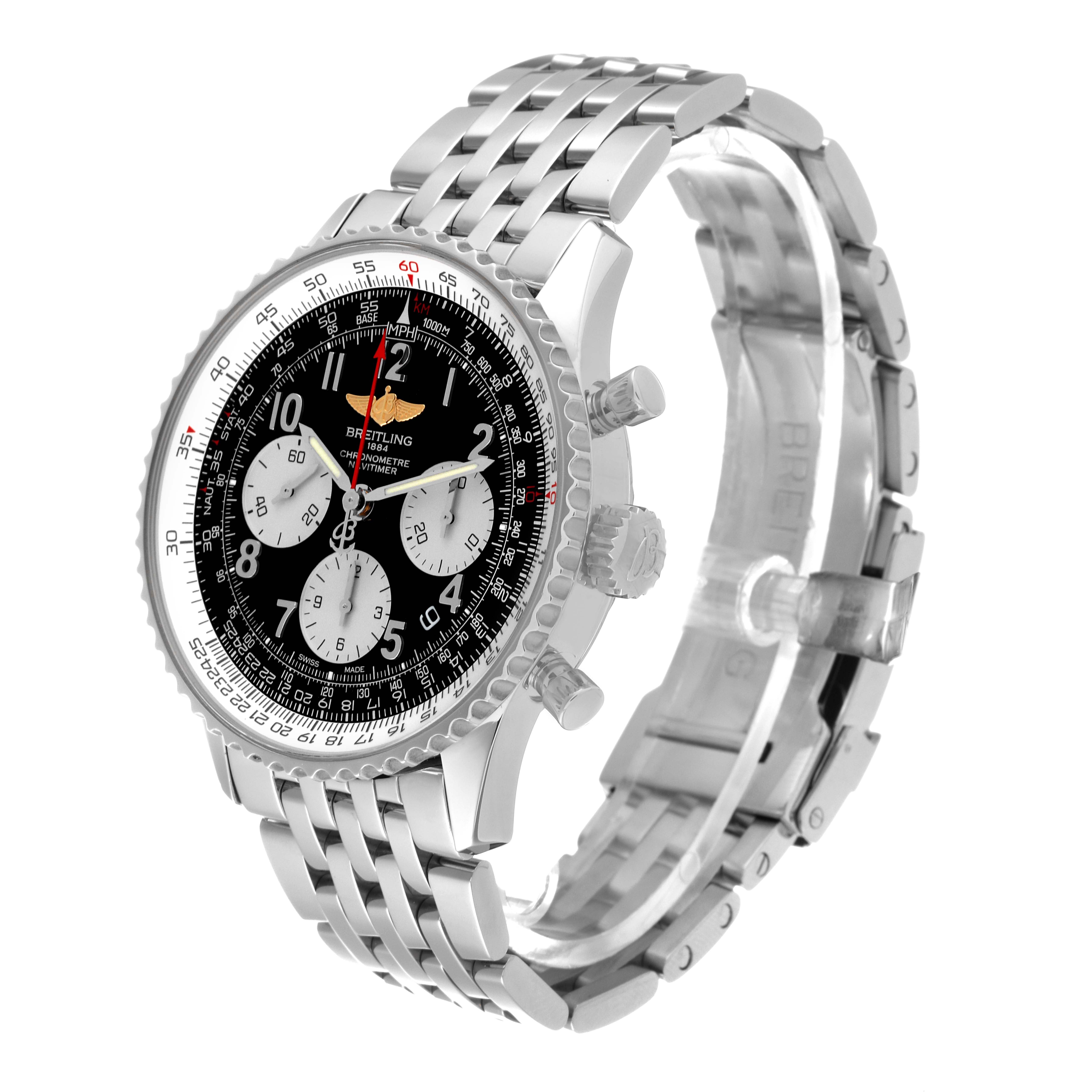 This image shows a Breitling Navitimer AB0120 Men
s Stainless Steel Black Dial AB0120 Men
s Stainless Steel Black Dial watch from an angled front view, highlighting the face, dial, bezel, and metal bracelet.