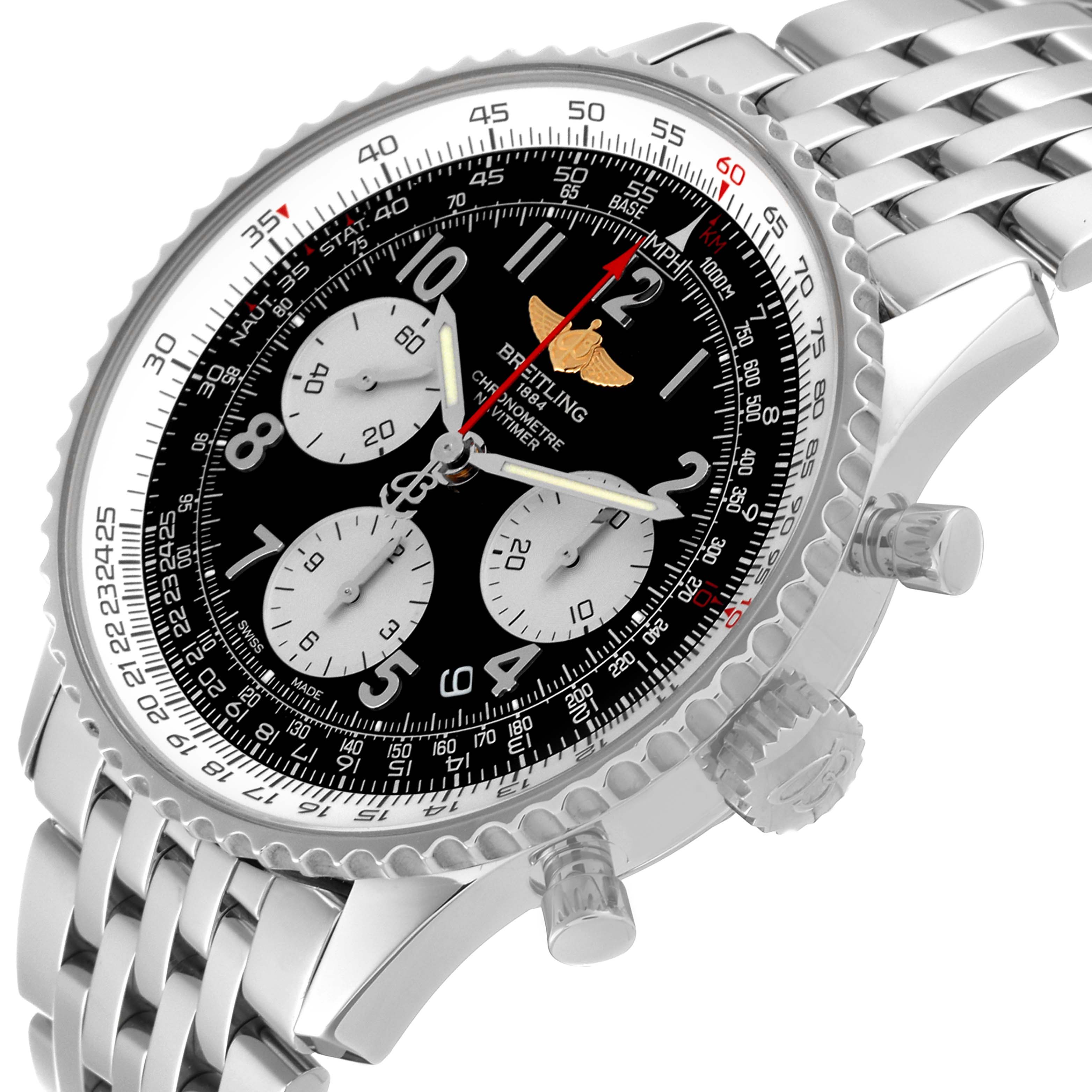 The image shows a Breitling Navitimer AB0120 Men
s Stainless Steel Black Dial AB0120 Men
s Stainless Steel Black Dial watch at an angle highlighting its face, crown, pushers, and part of its metal bracelet.