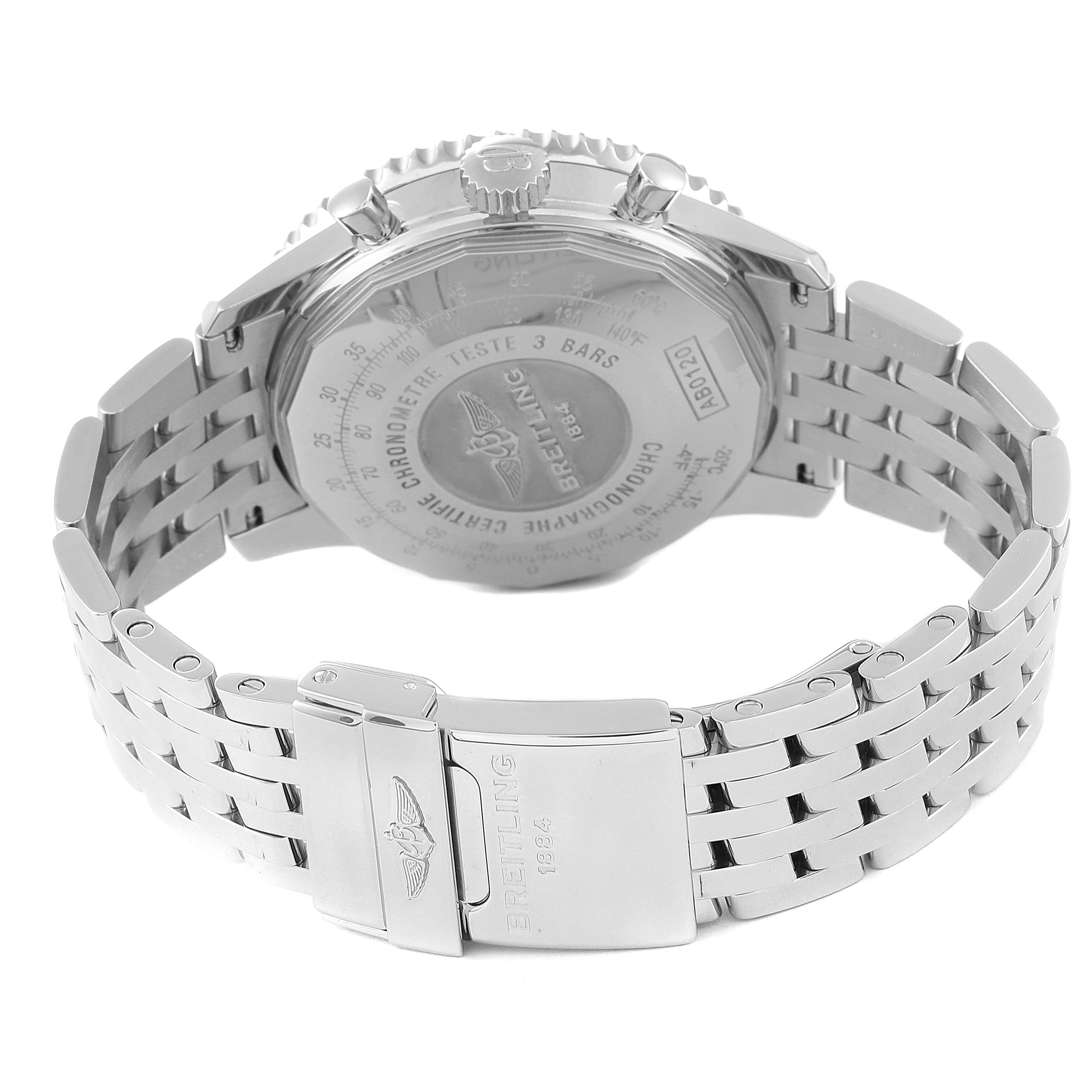 The image shows the back and clasp of a Breitling Navitimer AB0120 Men
s Stainless Steel Black Dial AB0120 Men
s Stainless Steel Black Dial watch from a rear angle.