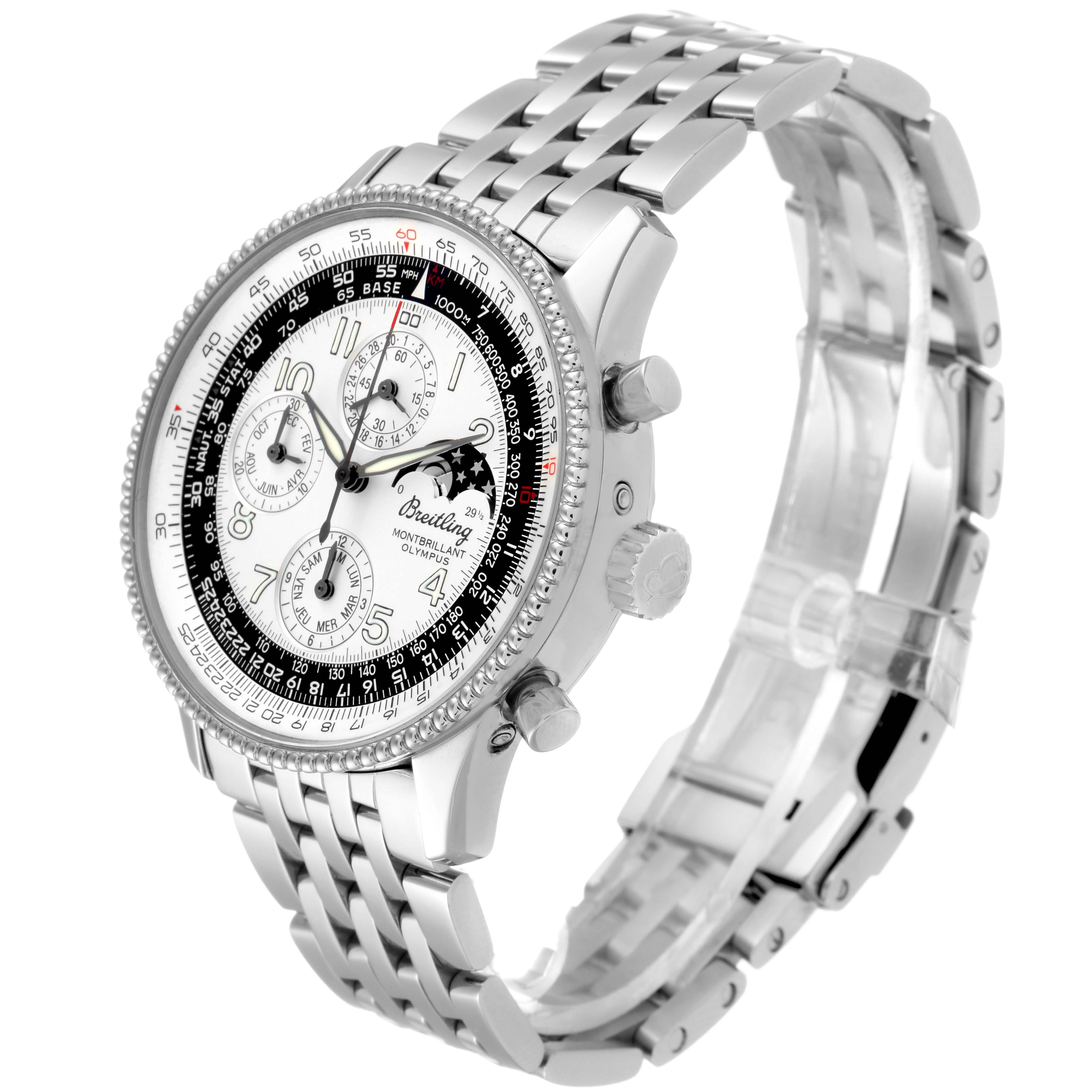 The Breitling Navitimer A19350 Men's Stainless Steel Silver Dial A19350 Men's Stainless Steel Silver Dial watch is shown from an angled side view, highlighting its face, bezel, and metal bracelet.