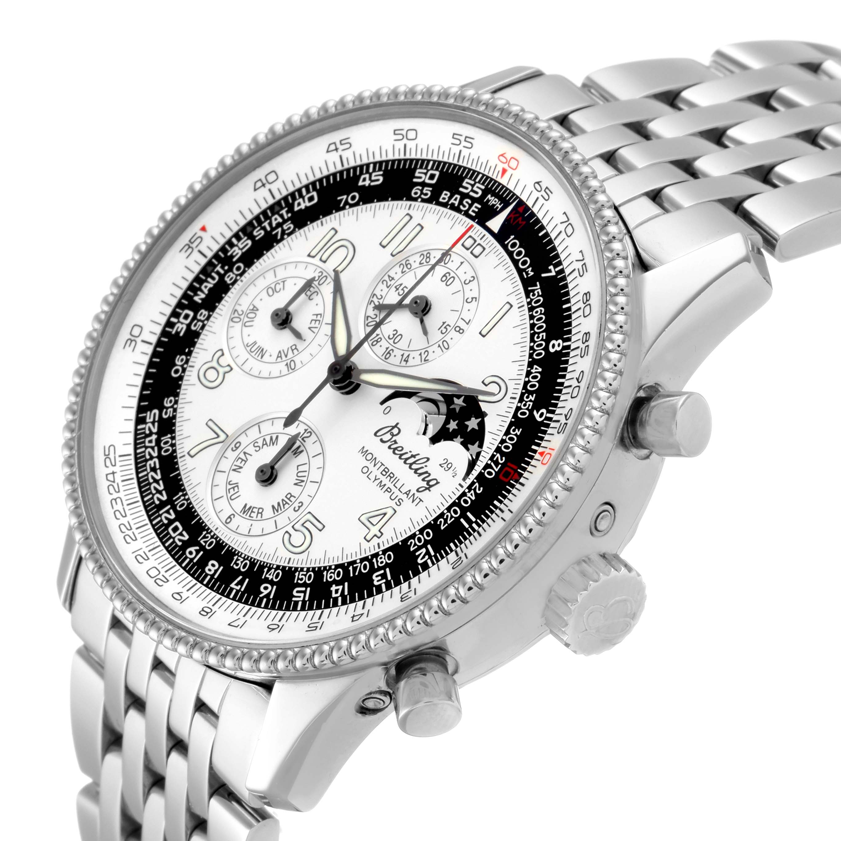 The Breitling Navitimer A19350 Men's Stainless Steel Silver Dial A19350 Men's Stainless Steel Silver Dial watch is shown at a three-quarter angle, displaying the dial, bezel, crown, pushers, and the metal bracelet.