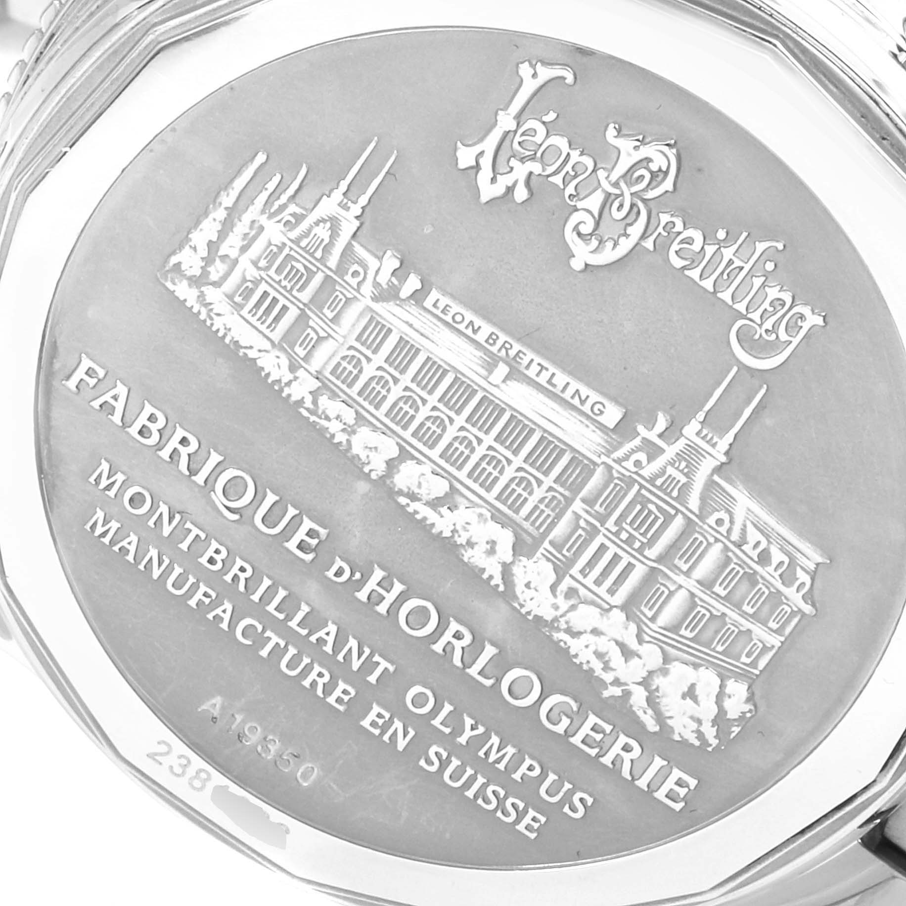 This is the backside of a Breitling Navitimer A19350 Men's Stainless Steel Silver Dial A19350 Men's Stainless Steel Silver Dial watch, showing its detailed engravings and manufacturer information.