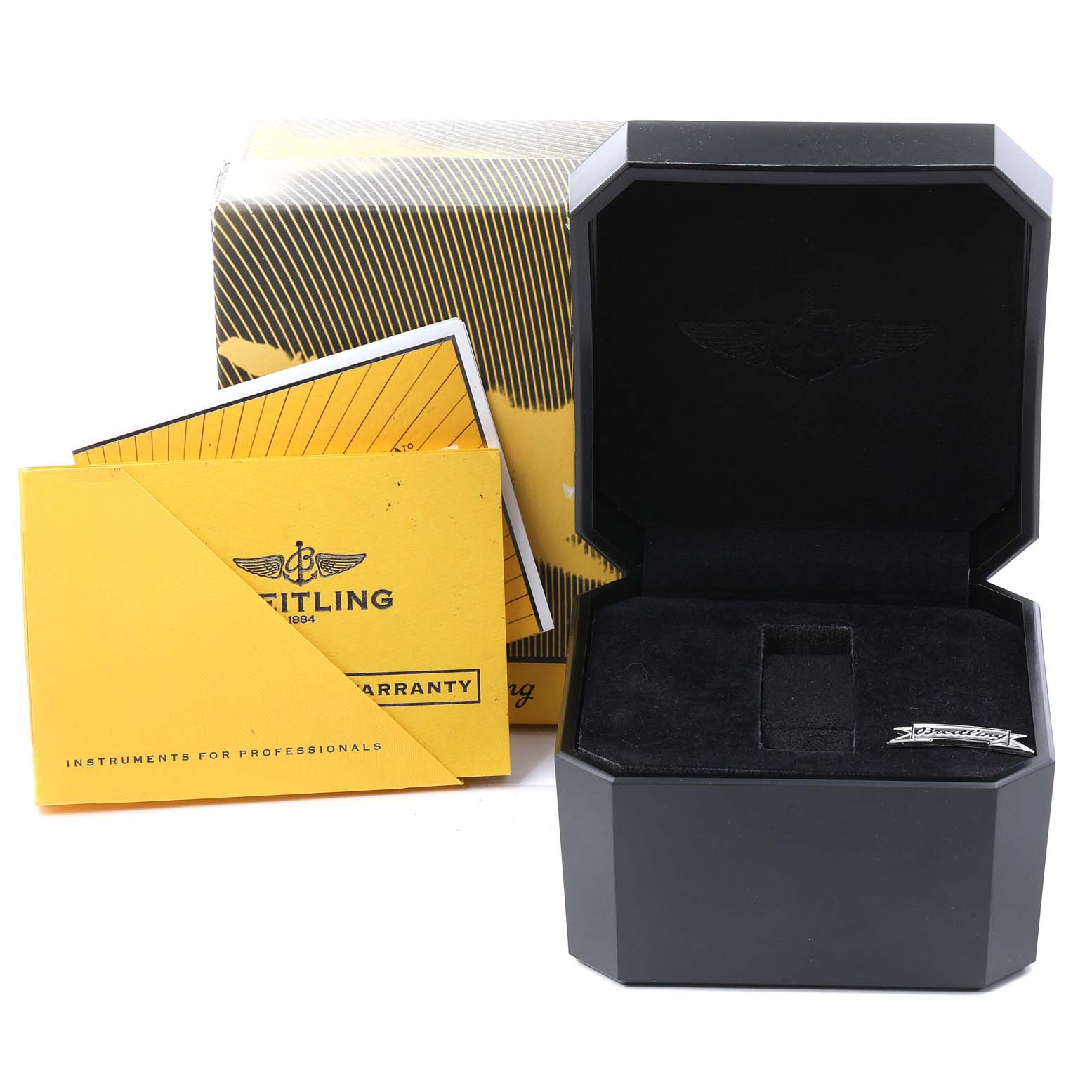 The image shows the box, warranty cards, and packaging for the Breitling Navitimer A19350 Men's Stainless Steel Silver Dial A19350 Men's Stainless Steel Silver Dial watch.