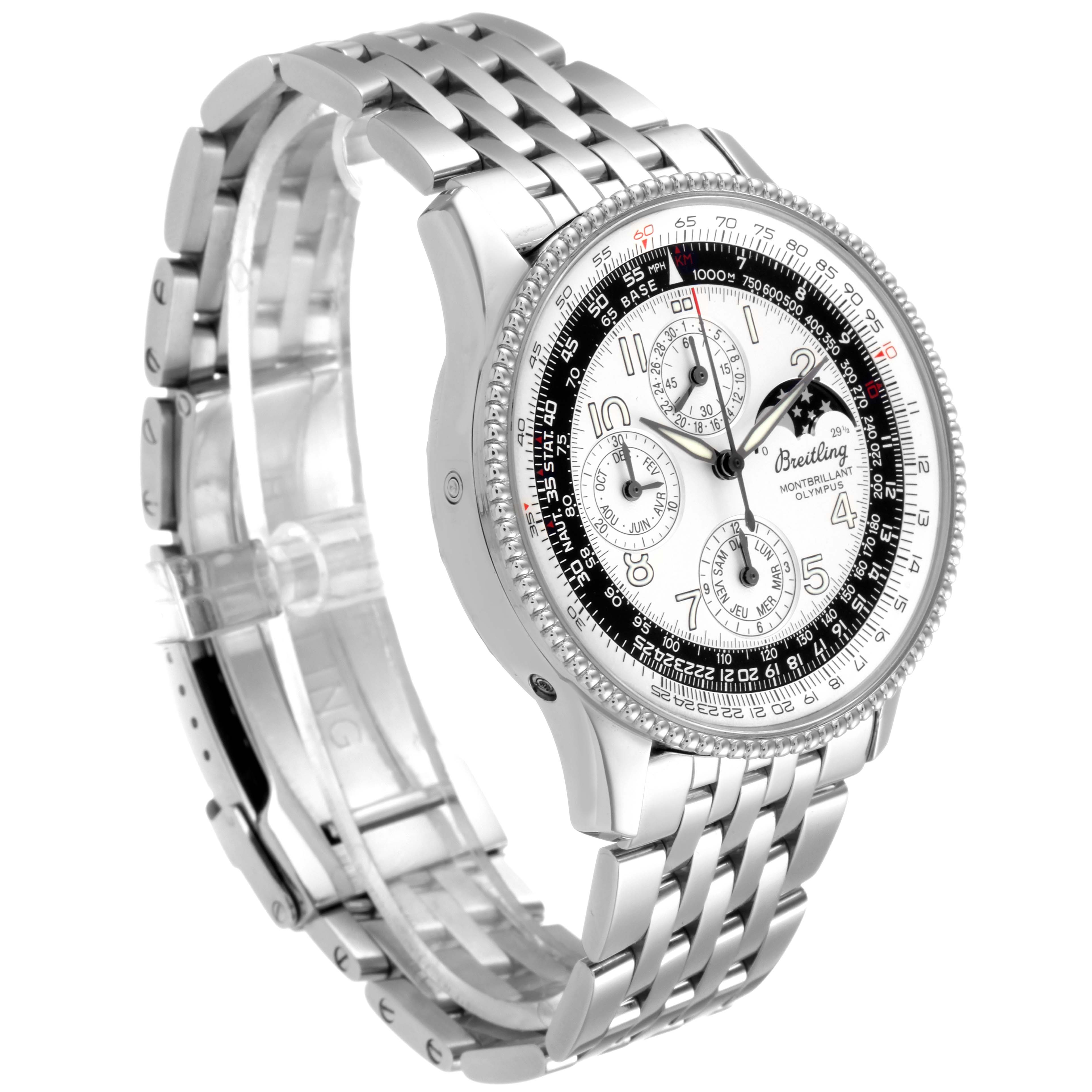 The Breitling Navitimer A19350 Men's Stainless Steel Silver Dial A19350 Men's Stainless Steel Silver Dial watch is shown at a three-quarter angle, displaying the dial, bezel, and metal bracelet.