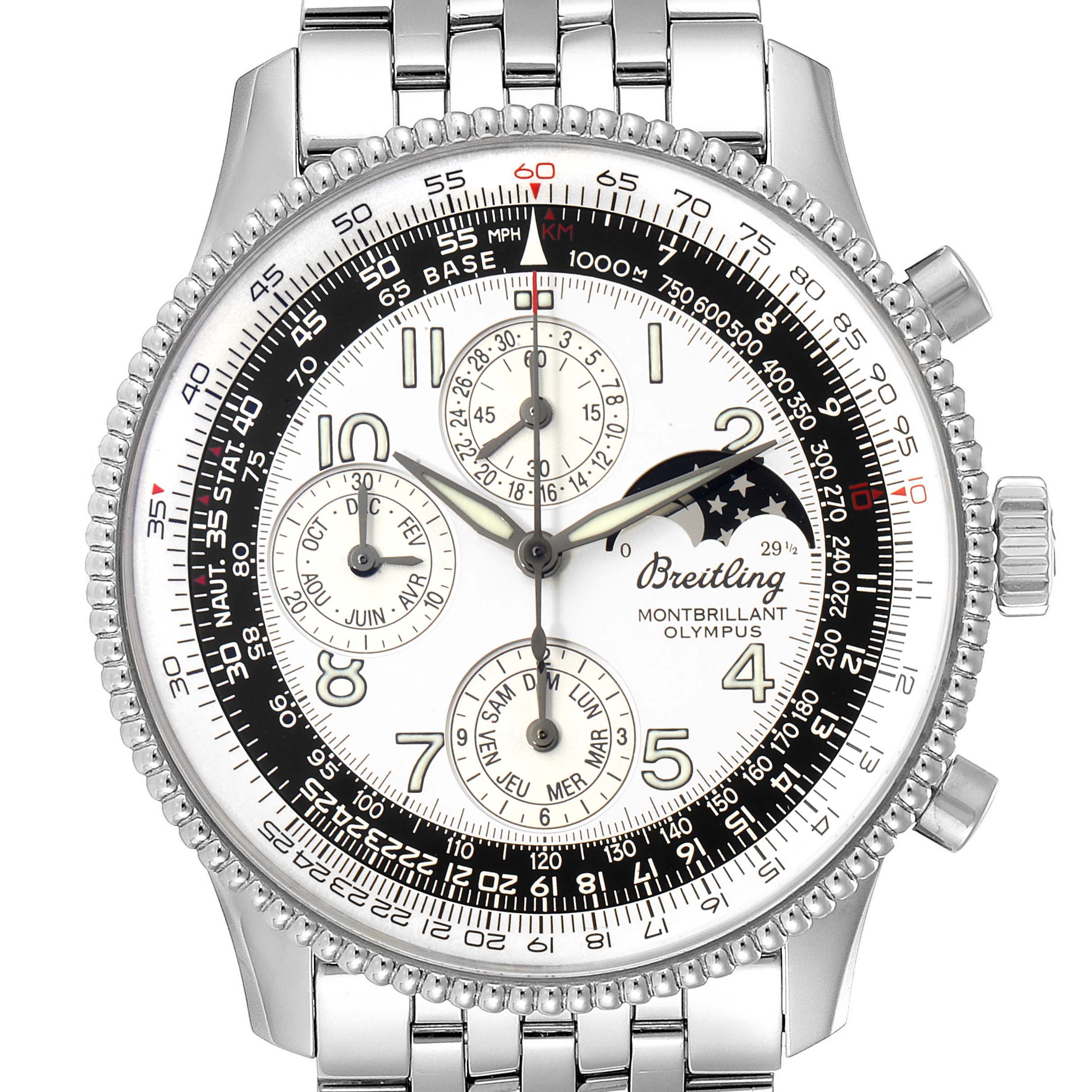 The image shows a front view of a Breitling Navitimer A19350 Men's Stainless Steel Silver Dial A19350 Men's Stainless Steel Silver Dial watch, displaying the dial, bezel, and bracelet.