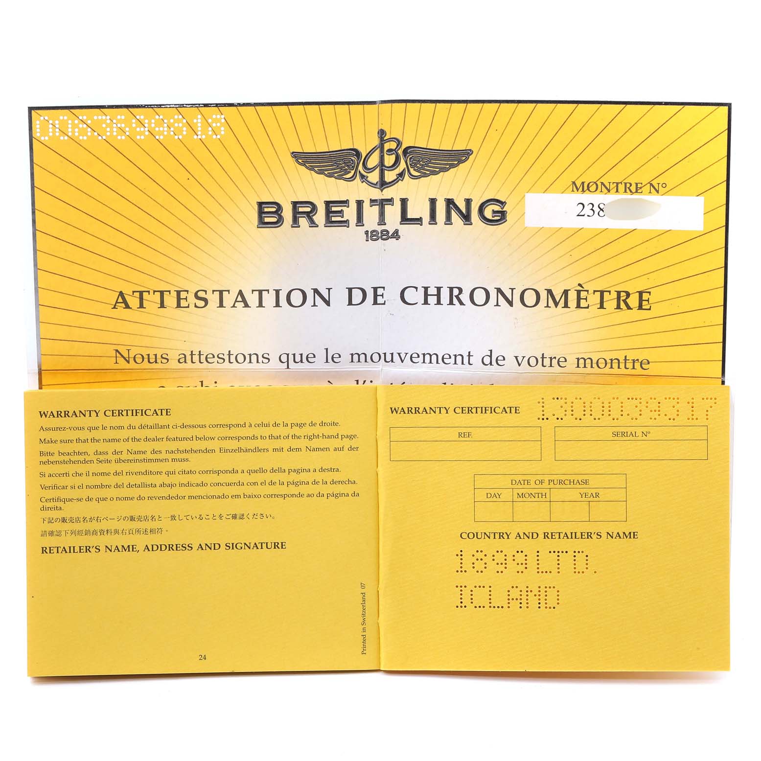 The image shows warranty and certification papers for a Breitling Navitimer A19350 Men's Stainless Steel Silver Dial A19350 Men's Stainless Steel Silver Dial watch.