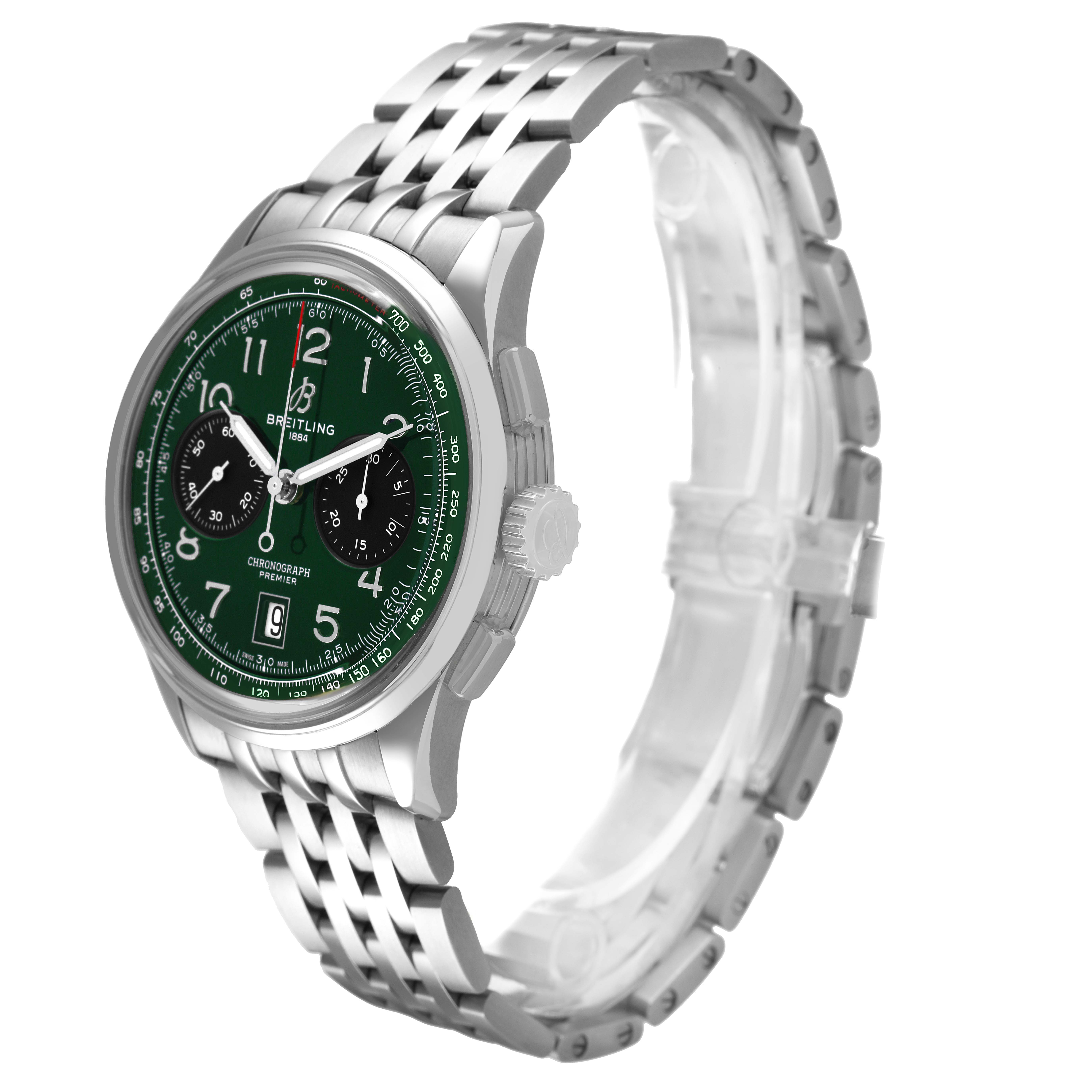 The Breitling Premier AB0145 Men's Stainless Steel Green Dial watch is shown at a three-quarter angle with a green dial and silver bracelet.
