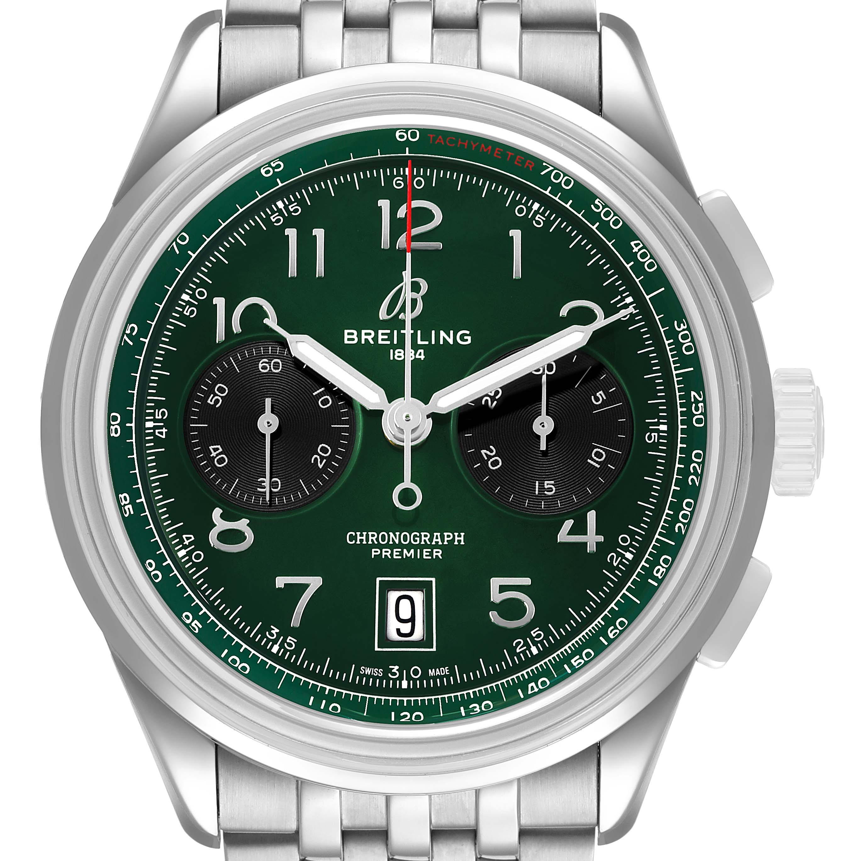 The Breitling Premier AB0145 Men's Stainless Steel Green Dial watch is shown from the front, displaying its green dial, chronograph features, and bracelet.