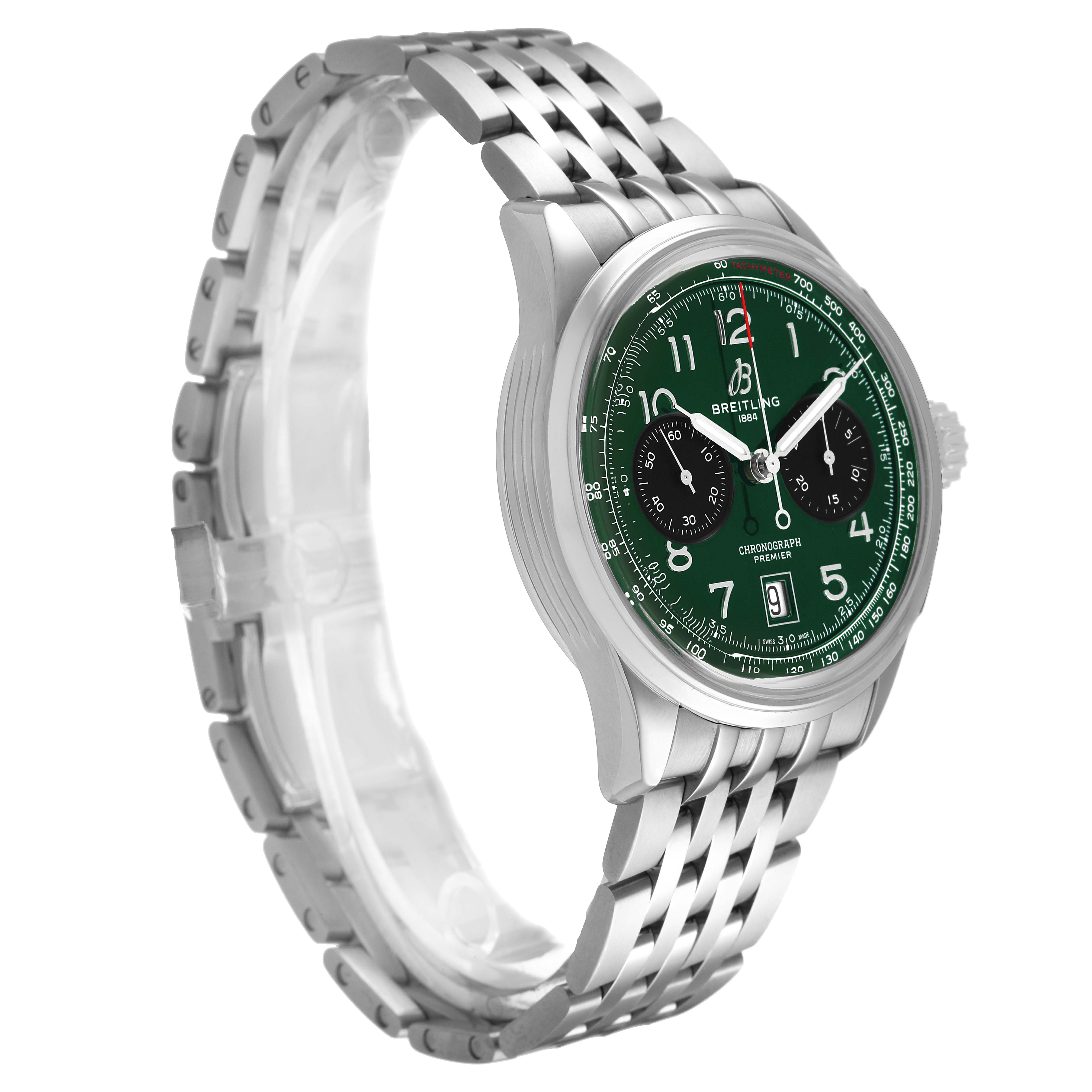 The Breitling Premier AB0145 Men's Stainless Steel Green Dial watch is shown at an angled side view, highlighting its green dial, stainless steel band, and chronograph features.