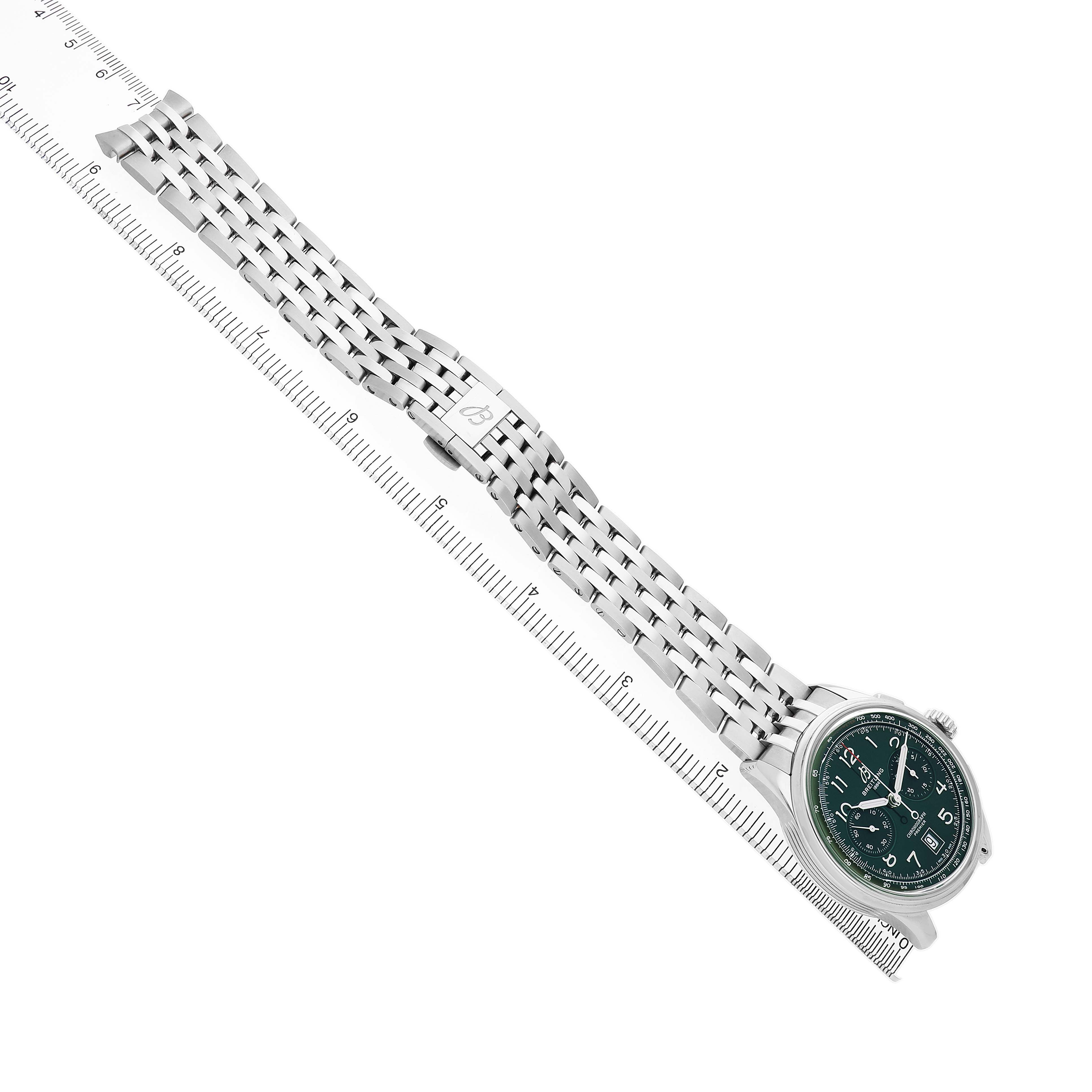 The Breitling Premier AB0145 Men's Stainless Steel Green Dial watch is shown at an angle, displaying its bracelet, clasp, and partially visible face.