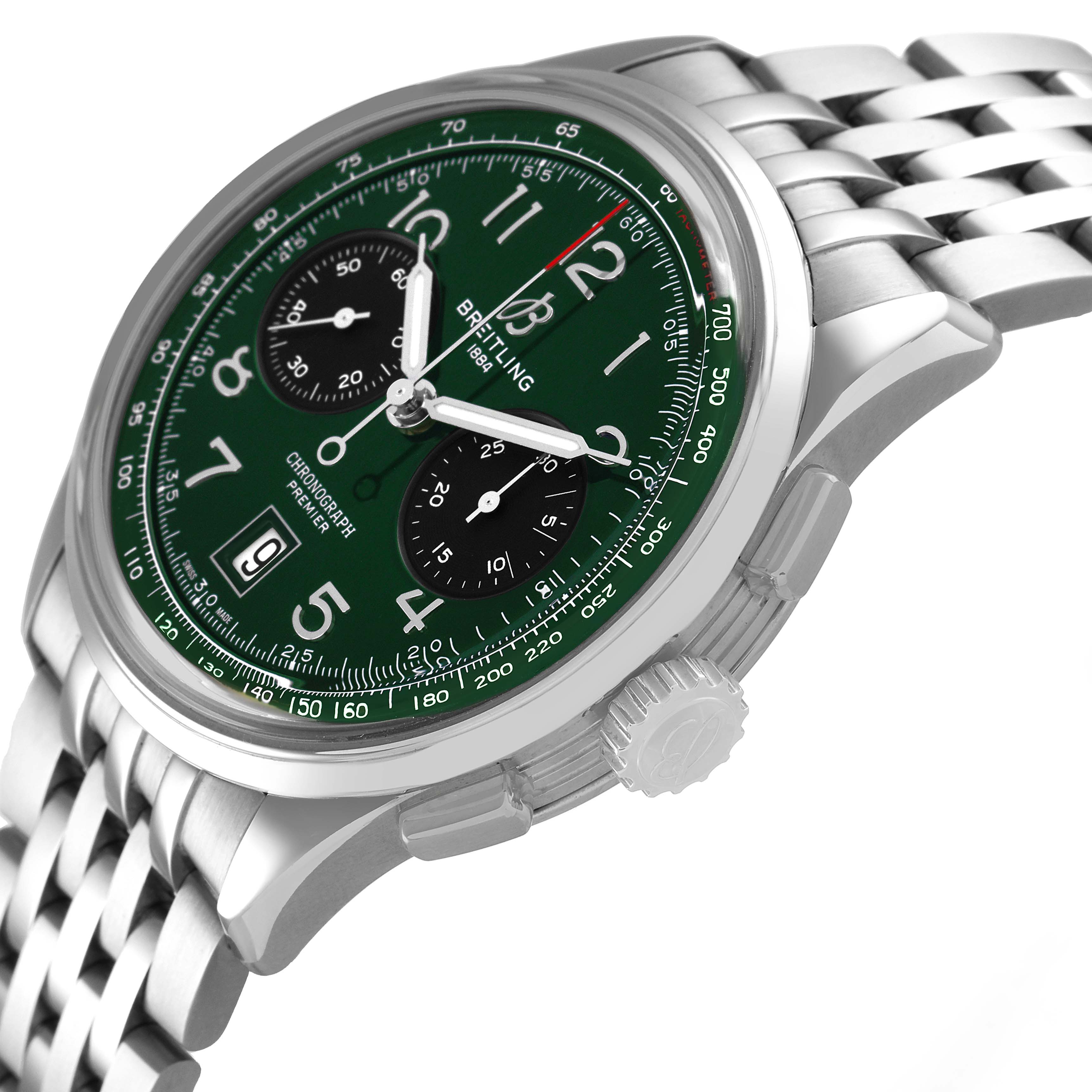 The Breitling Premier AB0145 Men's Stainless Steel Green Dial watch is shown from a side angle, highlighting the green dial, chronograph subdials, and metal bracelet.