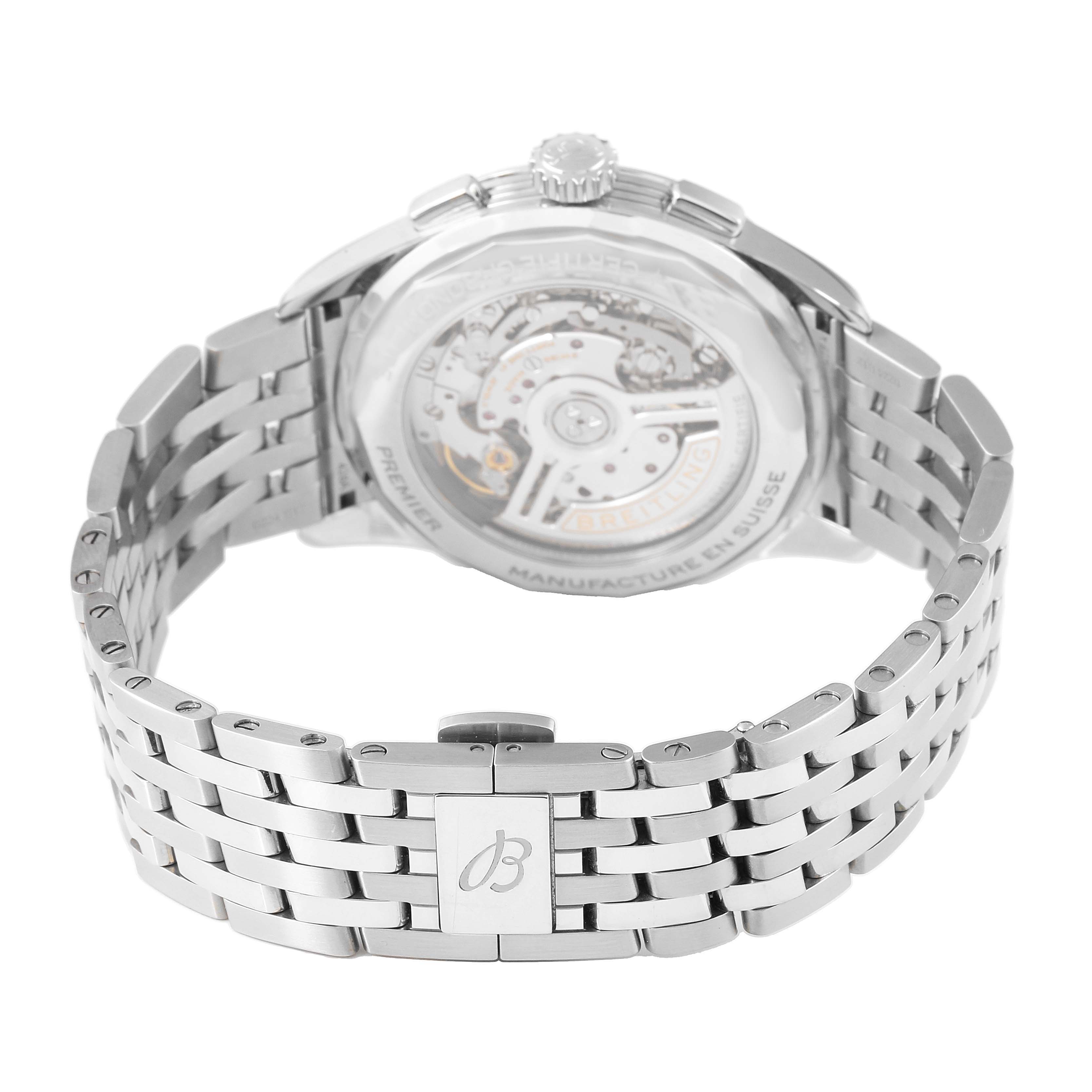 The image shows the back view of the Breitling Premier AB0145 Men's Stainless Steel Green Dial watch, highlighting the open case back and metal bracelet.