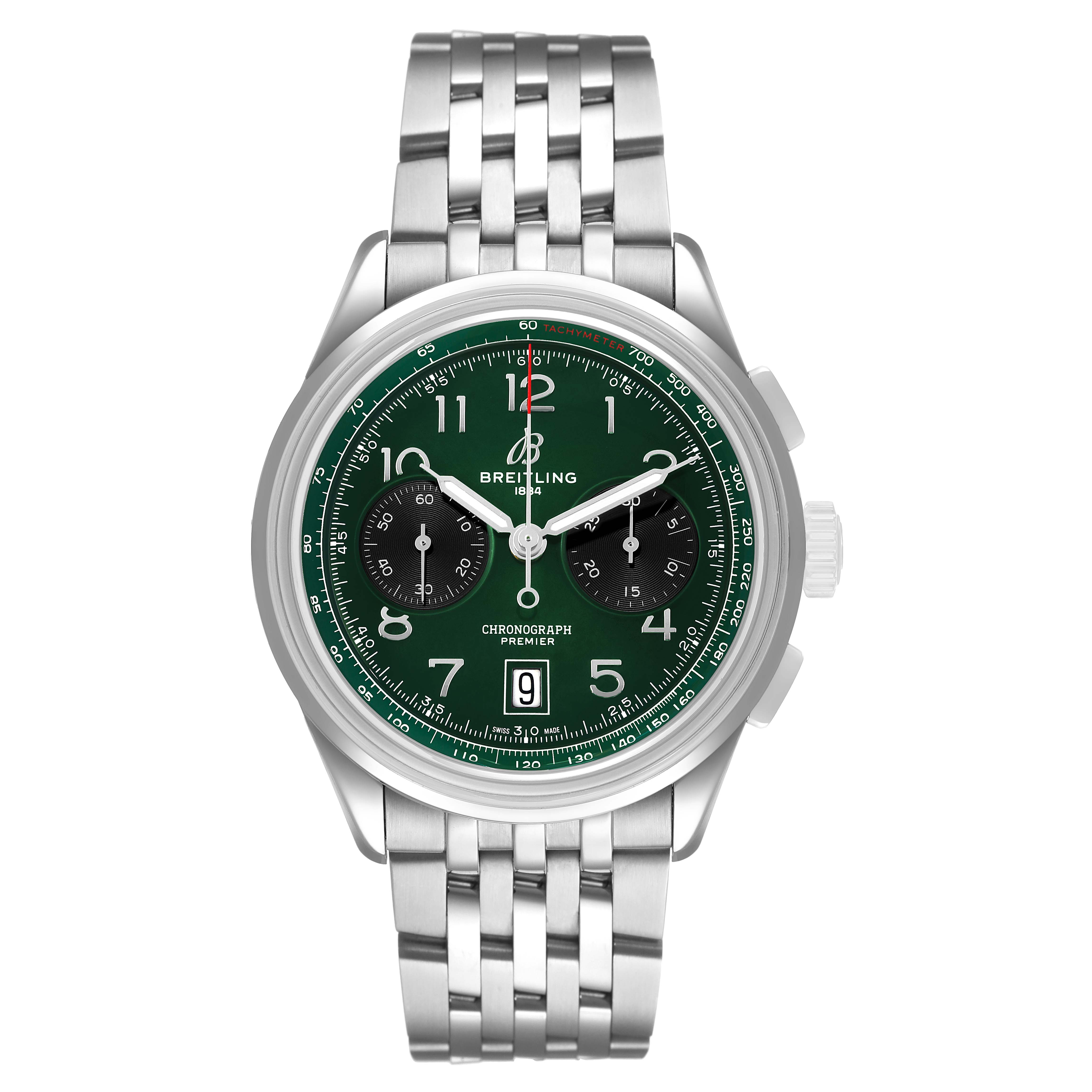 The Breitling Premier AB0145 Men's Stainless Steel Green Dial watch is shown from the front, displaying its dial, case, crown, and stainless steel bracelet.