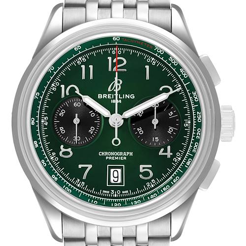 The Breitling Premier AB0145 Men's Stainless Steel Green Dial watch is shown from the front, highlighting its green dial, chronograph subdials, and steel bracelet.