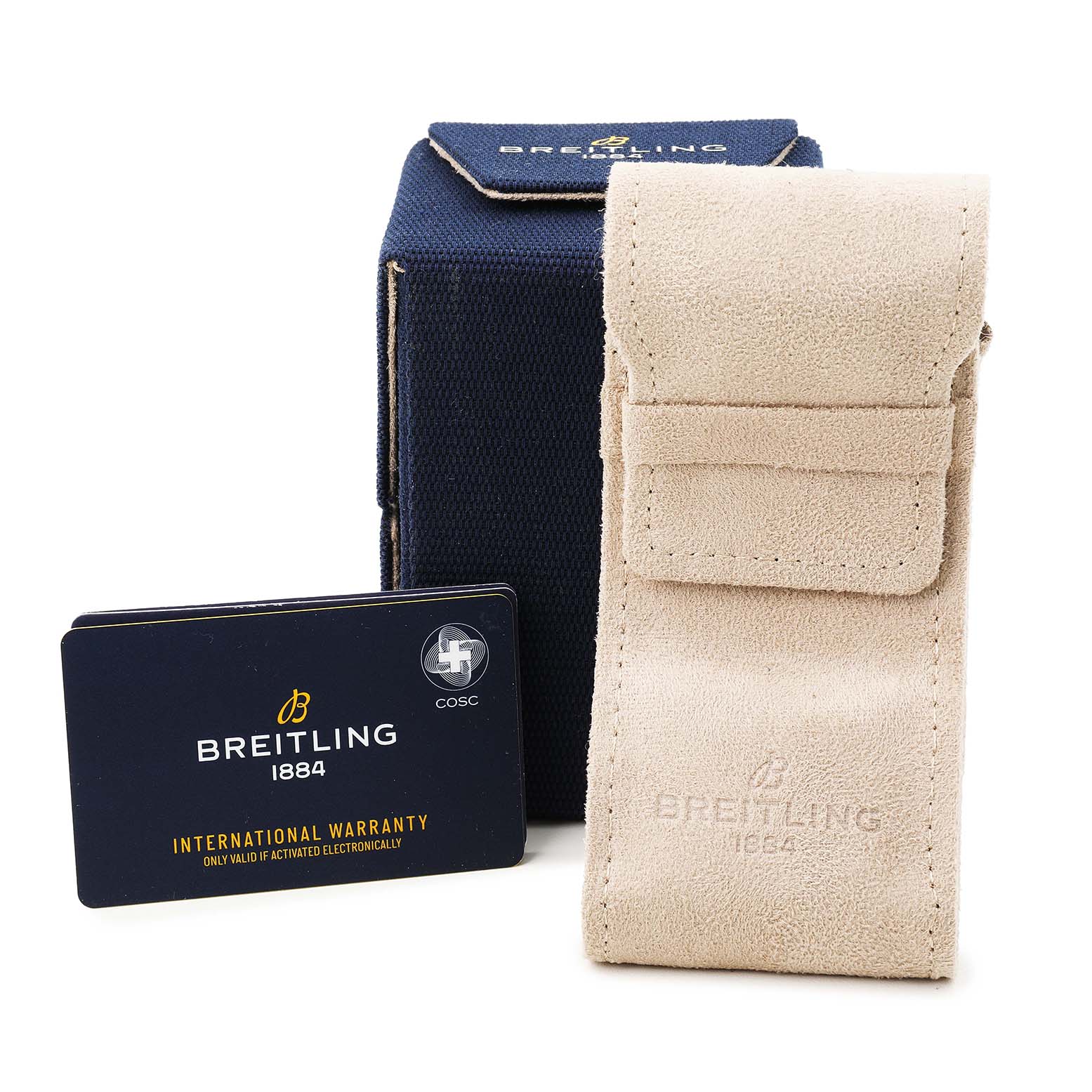 The image shows a Breitling Premier AB0145 Men's Stainless Steel Green Dial watch's accessories including a box, pouch, and an international warranty card.