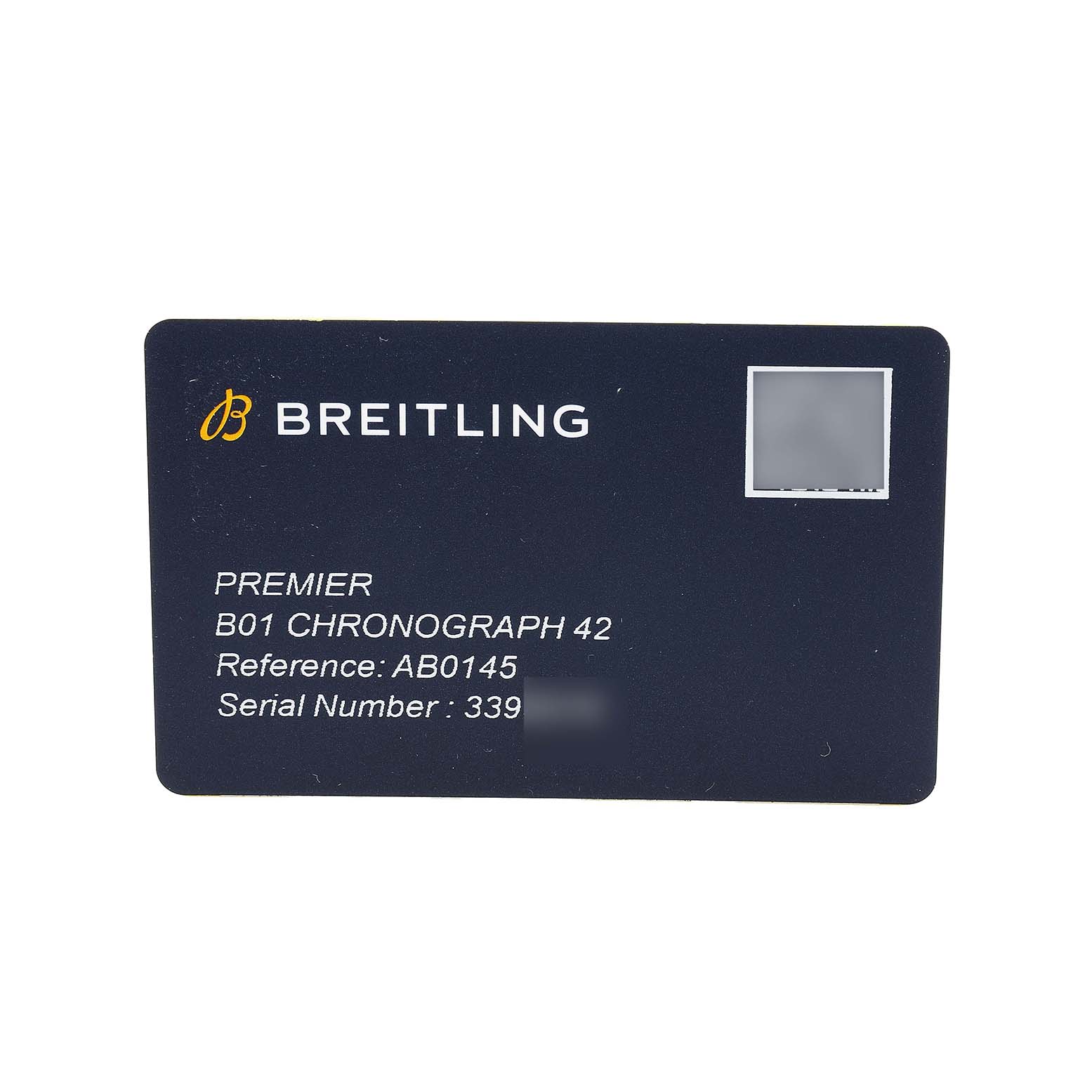The image shows a Breitling Premier AB0145 Men's Stainless Steel Green Dial B01 Chronograph 42 warranty card with reference and serial numbers.