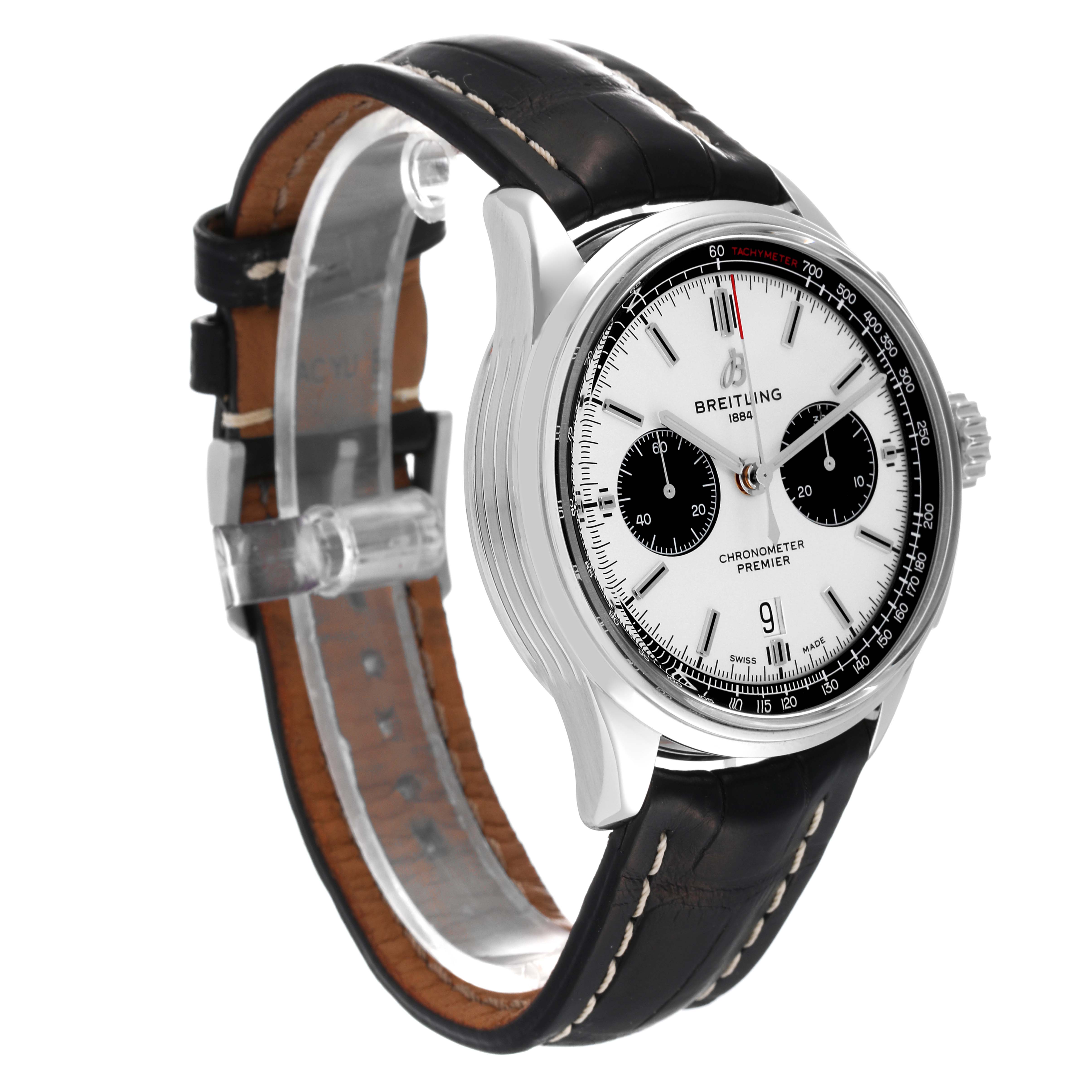 The image shows a Breitling Premier AB0118221G1P2 Men's Stainless Steel Silver Dial AB0118221G1P2 Men's Stainless Steel Silver Dial model watch at a three-quarter angle, highlighting the dial, bezel, case, and leather strap.