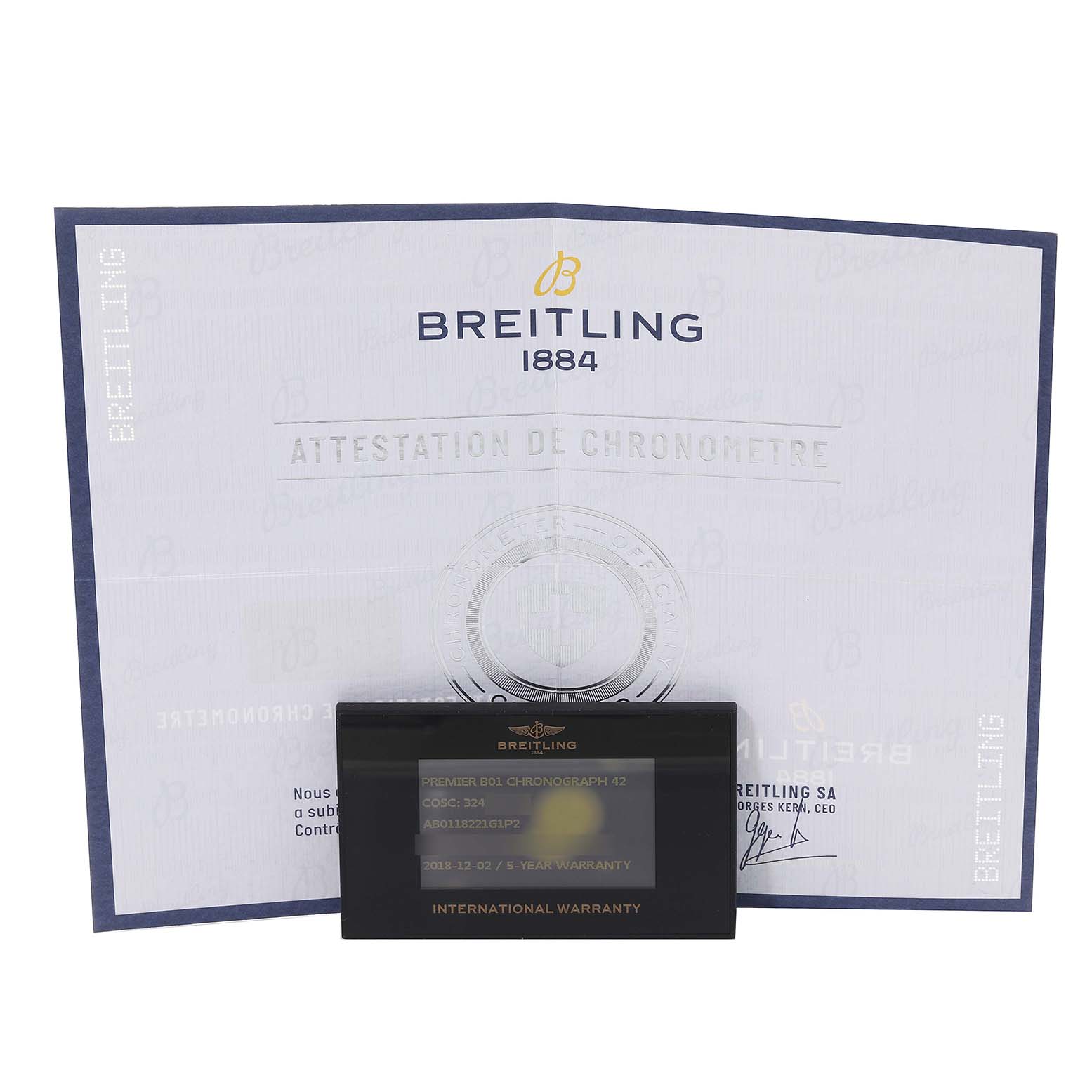 The image shows a Breitling Premier AB0118221G1P2 Men's Stainless Steel Silver Dial AB0118221G1P2 Men's Stainless Steel Silver Dial model international warranty card and an attestation of chronometer certification.