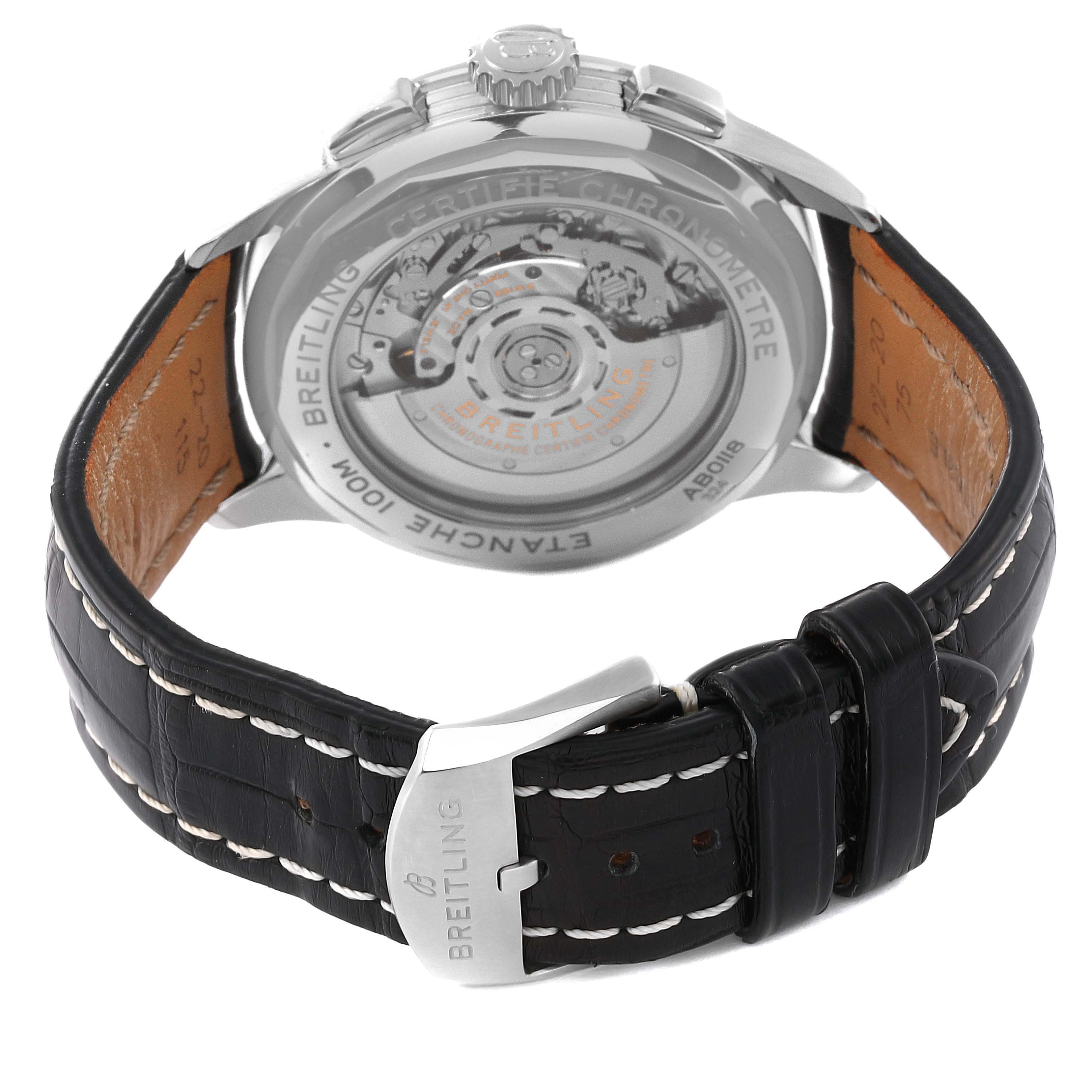 The image shows the back view of a Breitling Premier AB0118221G1P2 Men's Stainless Steel Silver Dial AB0118221G1P2 Men's Stainless Steel Silver Dial model watch, highlighting the transparent case back and black leather strap.