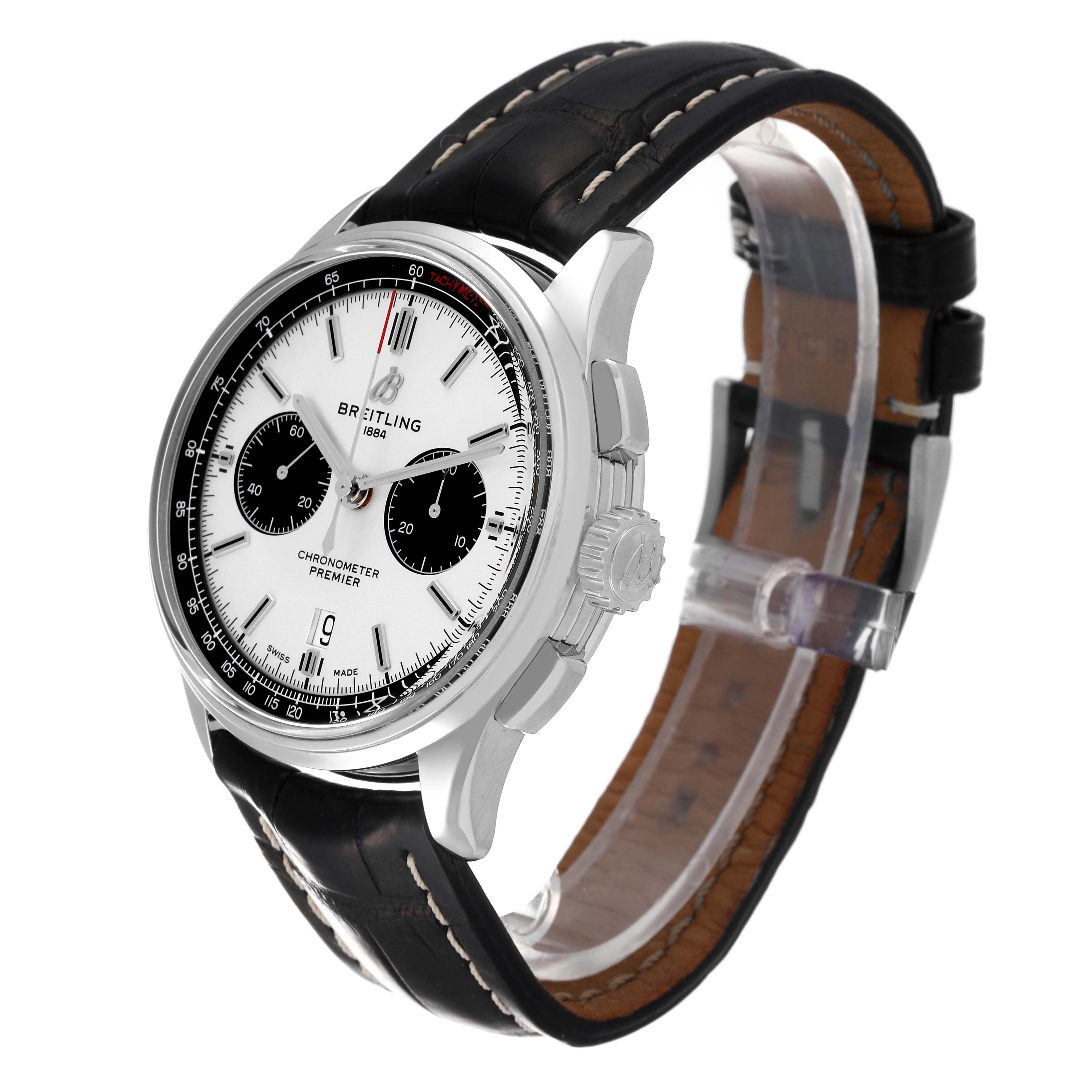 The image shows a Breitling Premier AB0118221G1P2 Men's Stainless Steel Silver Dial AB0118221G1P2 Men's Stainless Steel Silver Dial model watch at a three-quarter angle showcasing the dial, case, strap, and crown.