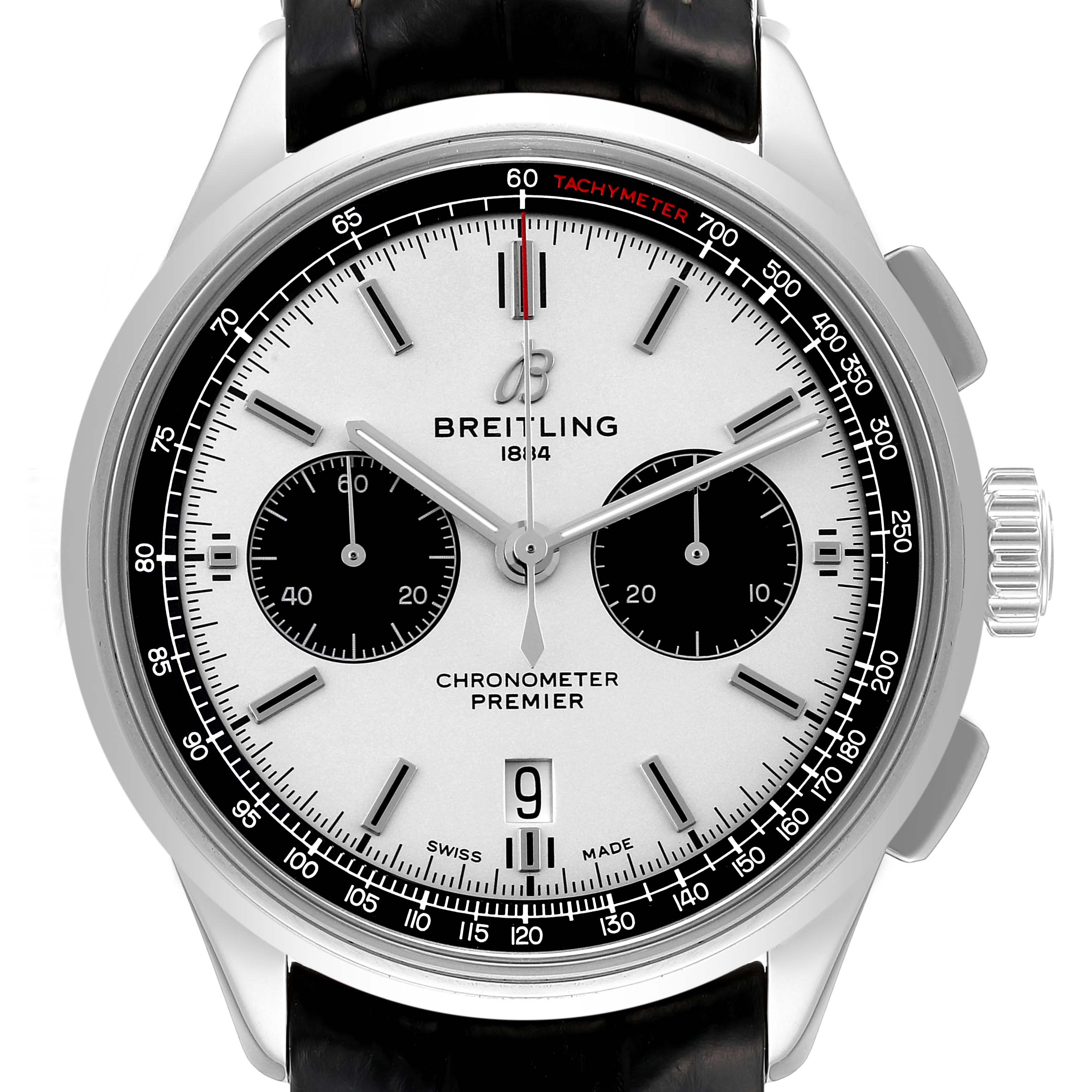 The image shows a frontal view of the Breitling Premier AB0118221G1P2 Men's Stainless Steel Silver Dial AB0118221G1P2 Men's Stainless Steel Silver Dial model watch, highlighting its face, subdials, tachymeter, and crown.