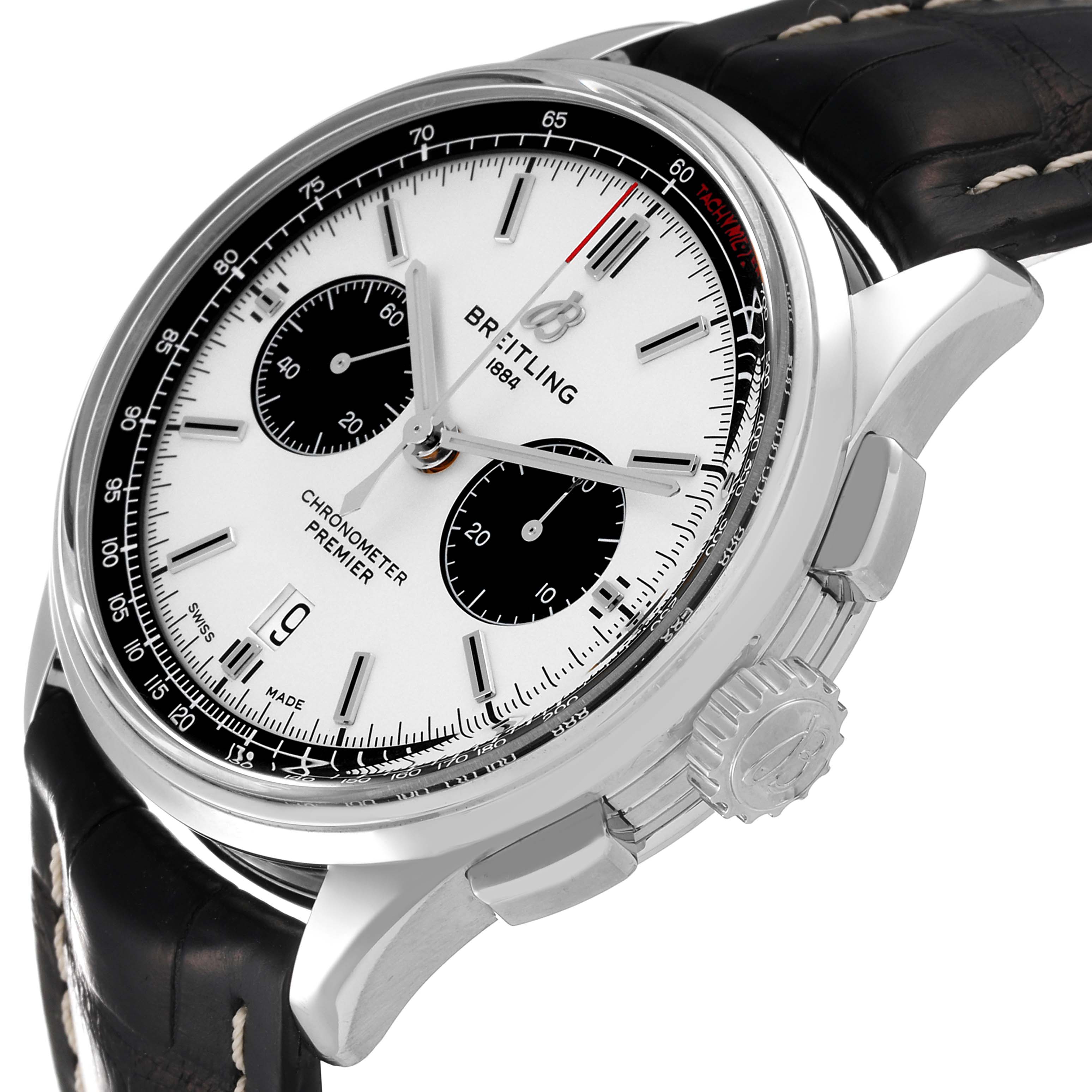 The Breitling Premier AB0118221G1P2 Men's Stainless Steel Silver Dial AB0118221G1P2 Men's Stainless Steel Silver Dial watch is shown at an angle, highlighting its face, chronograph dials, crown, and leather strap.