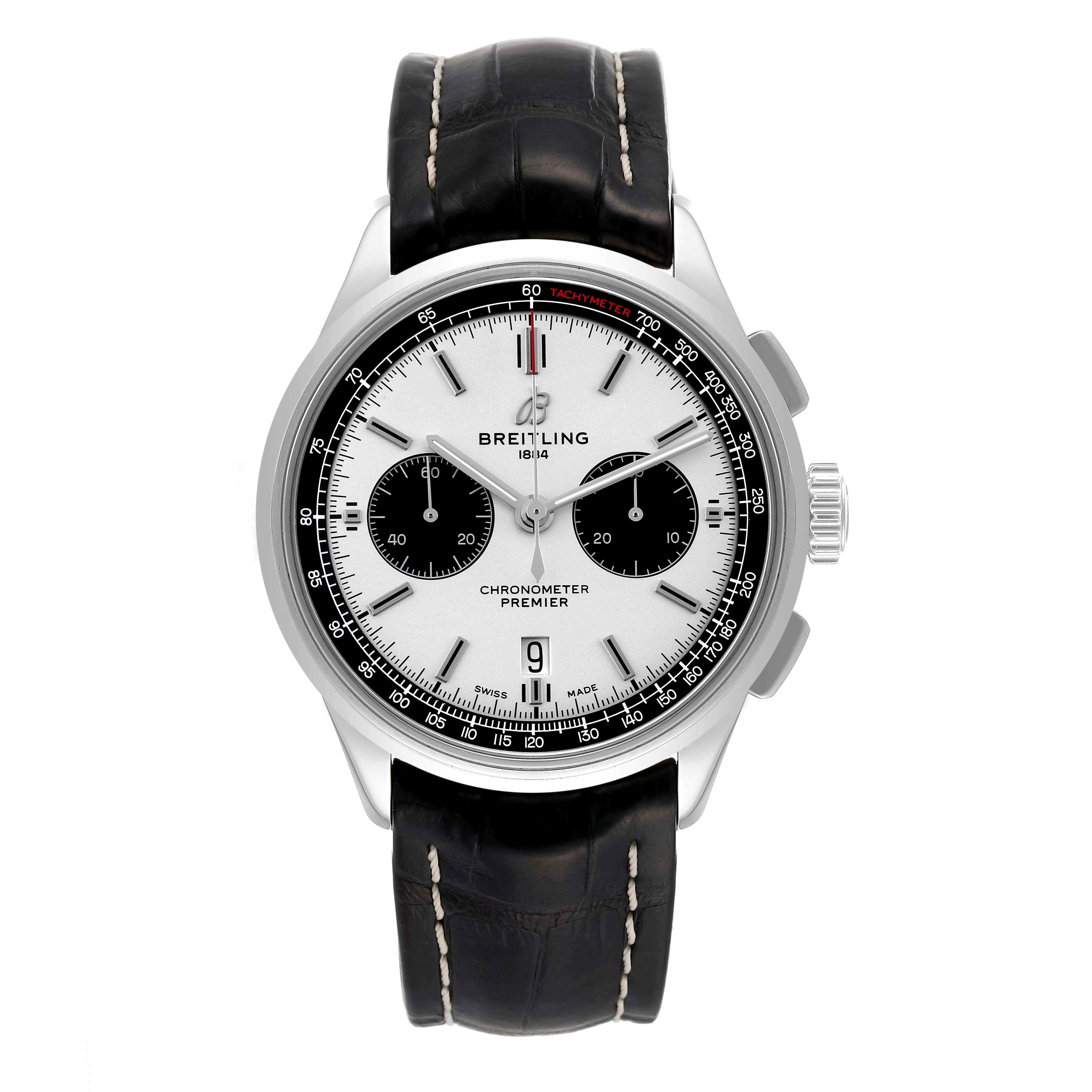 This Breitling Premier AB0118221G1P2 Men's Stainless Steel Silver Dial AB0118221G1P2 Men's Stainless Steel Silver Dial watch is shown from the front, displaying the dial, bezel, crown, pushers, and black leather strap.