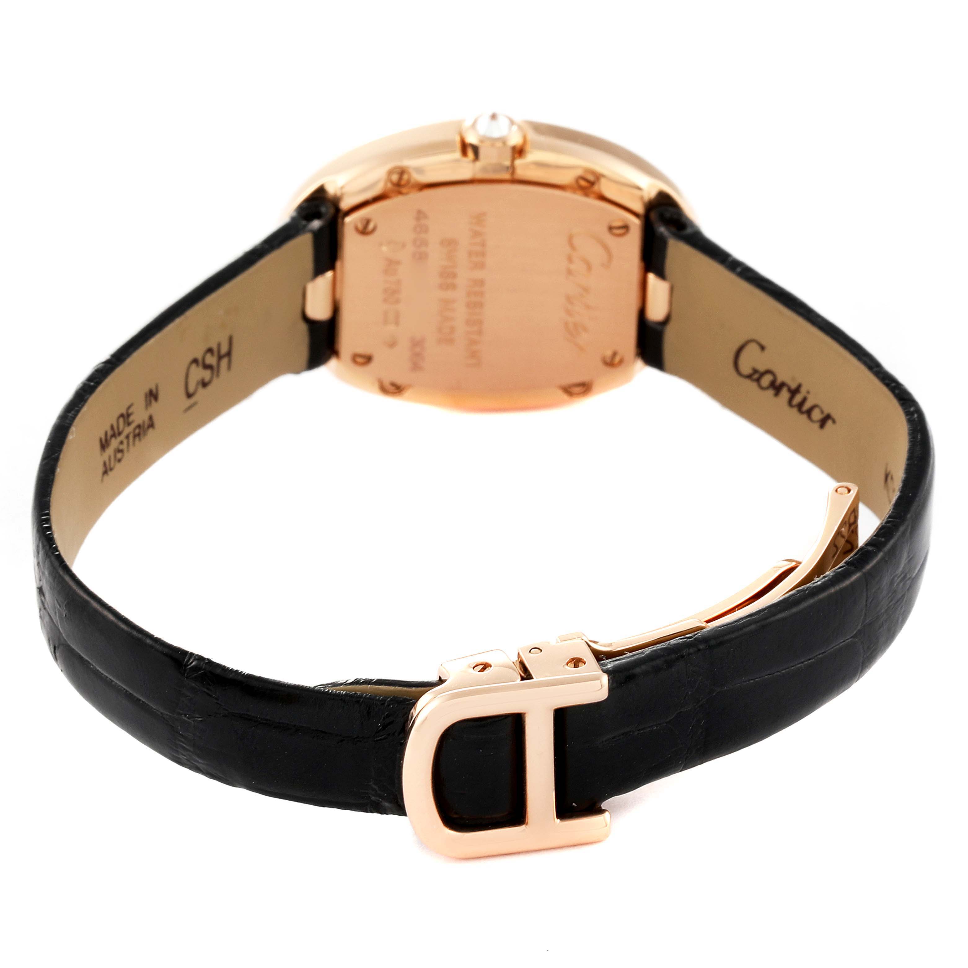 The image shows the back view of a Cartier Baignoire WB520004 Women's Rose Gold Silver Dial WB520004 Women's Rose Gold Silver Dial watch, highlighting its caseback, black leather strap, and rose gold clasp.