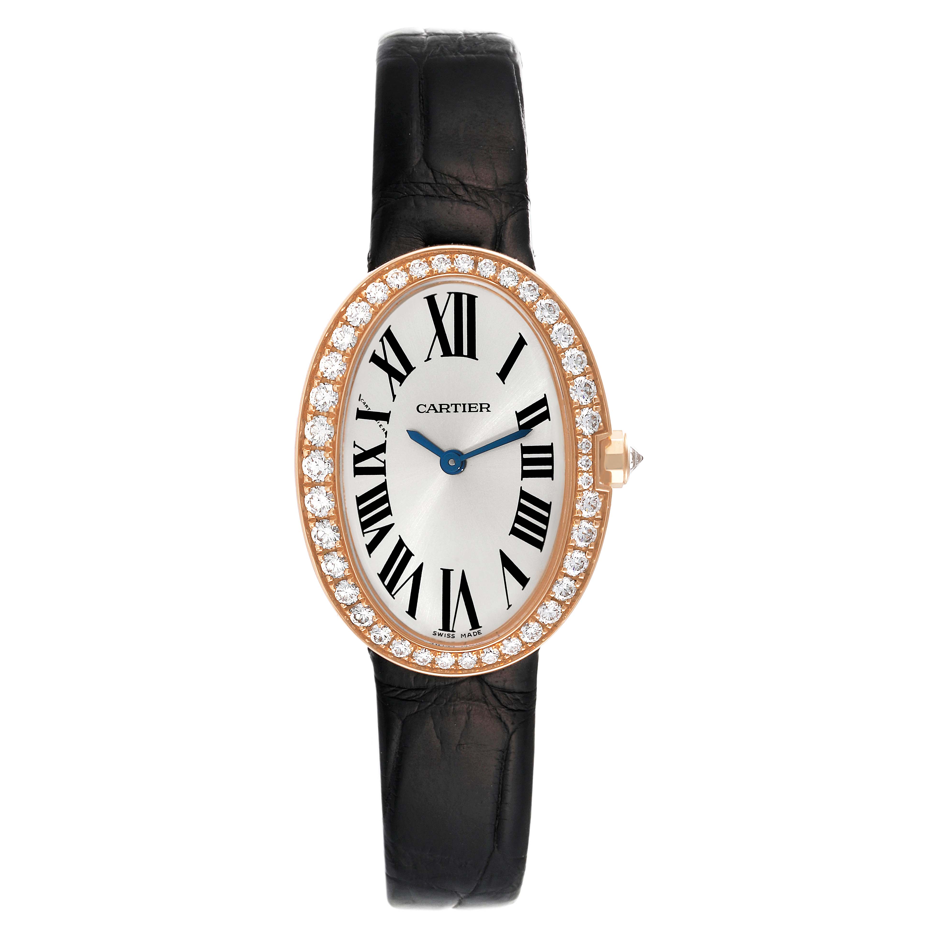 The image shows a frontal view of the Cartier Baignoire WB520004 Women's Rose Gold Silver Dial WB520004 Women's Rose Gold Silver Dial watch, highlighting the face, Roman numerals, and diamond-studded bezel.