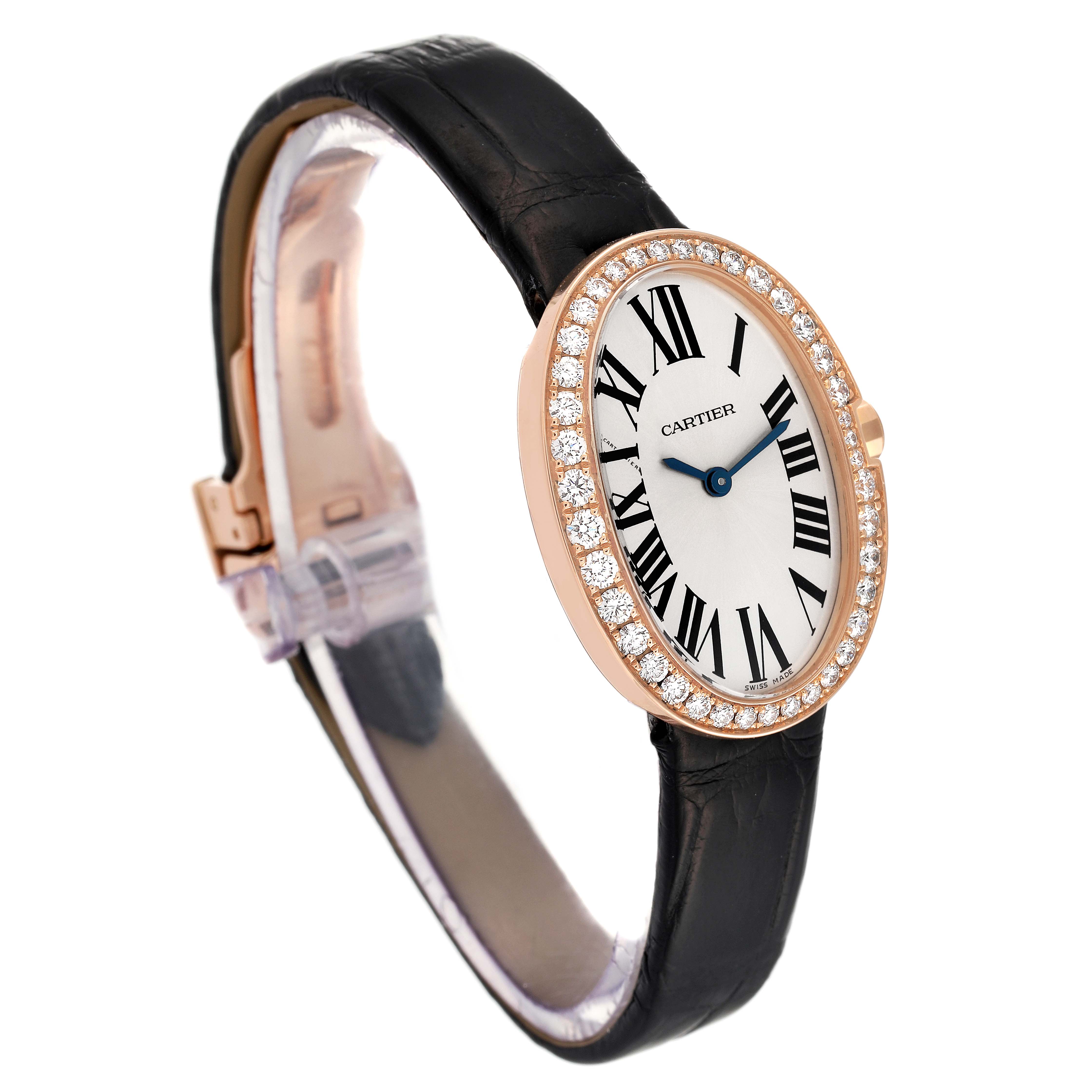 This image shows a side angle of a Cartier Baignoire WB520004 Women's Rose Gold Silver Dial WB520004 Women's Rose Gold Silver Dial watch highlighting its diamond bezel, roman numerals, and black leather strap.