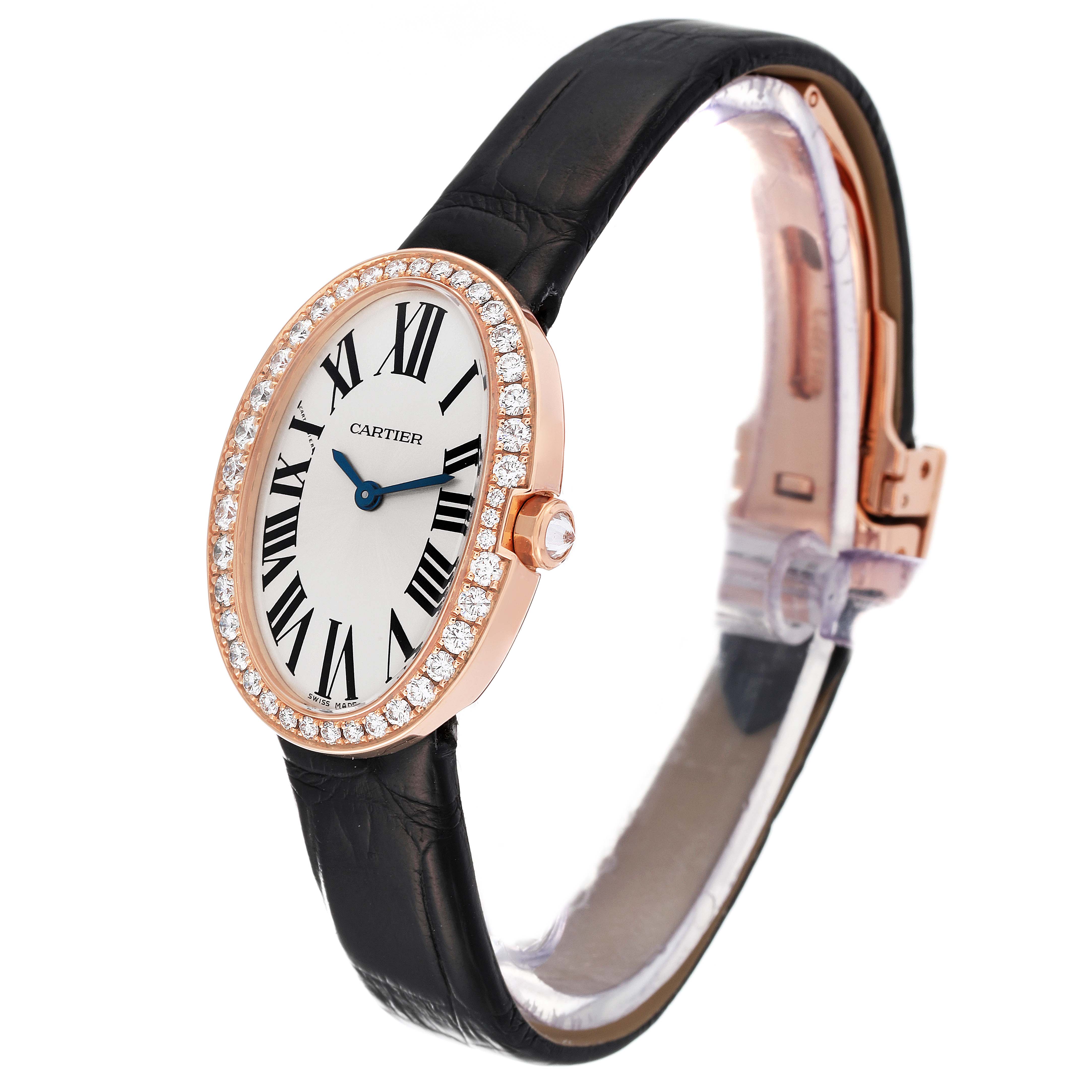 The image shows a Cartier Baignoire WB520004 Women's Rose Gold Silver Dial WB520004 Women's Rose Gold Silver Dial watch angled to display its oval face, diamond bezel, and black leather strap.