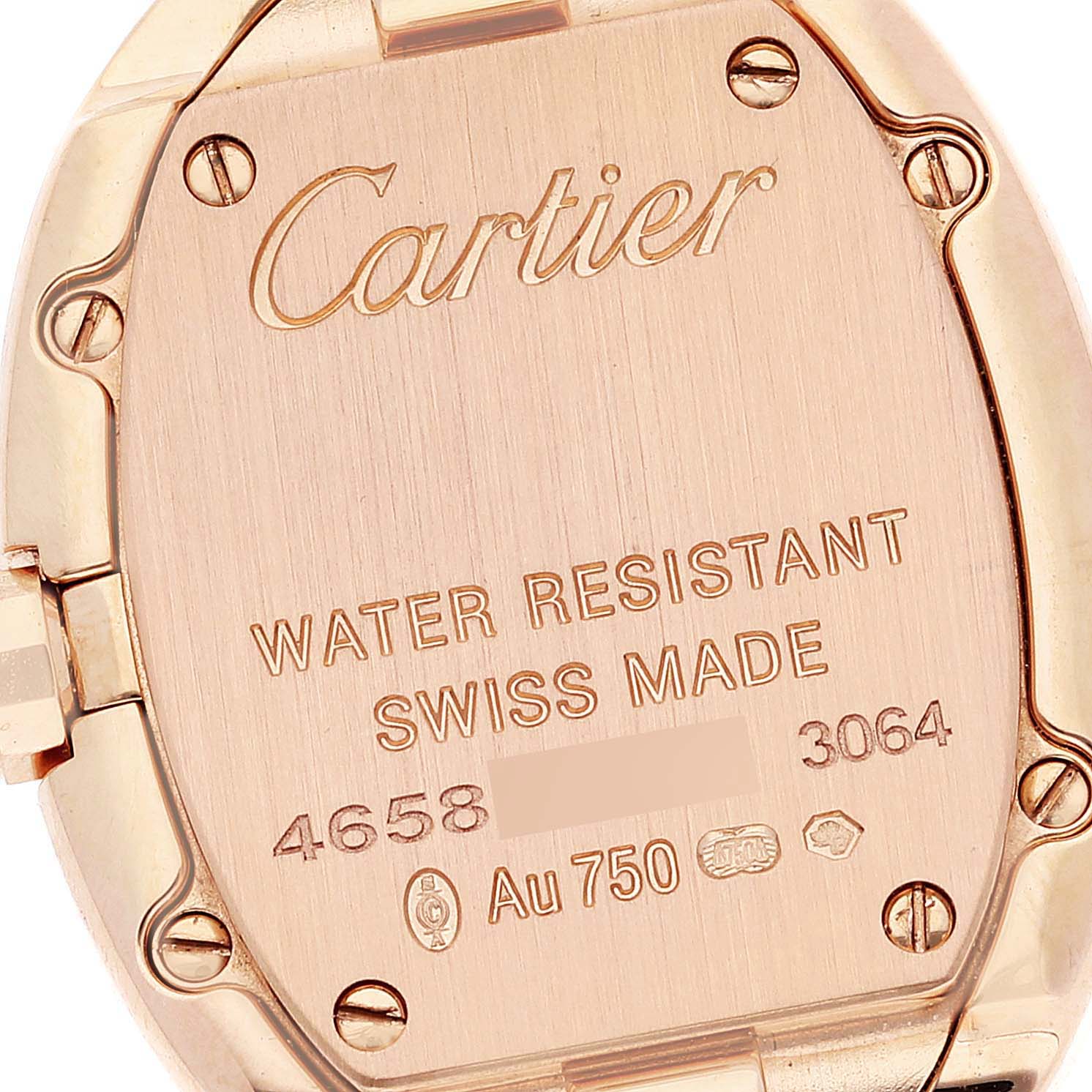 The image shows the back case of a Cartier Baignoire WB520004 Women's Rose Gold Silver Dial WB520004 Women's Rose Gold Silver Dial watch, featuring engravings and screws.