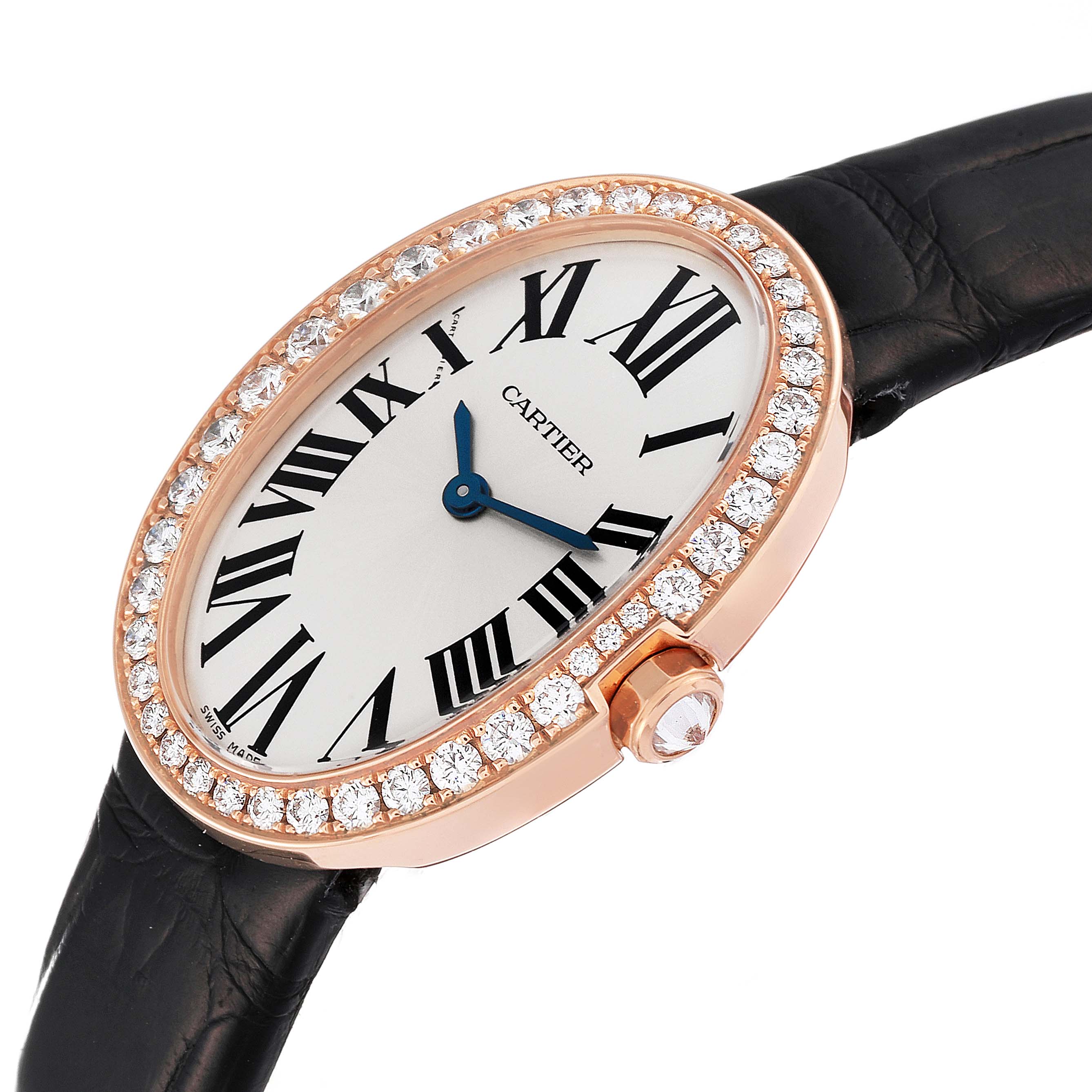 The Cartier Baignoire WB520004 Women's Rose Gold Silver Dial WB520004 Women's Rose Gold Silver Dial watch is shown at a slight angle, highlighting its face, diamond bezel, and a portion of the black strap.