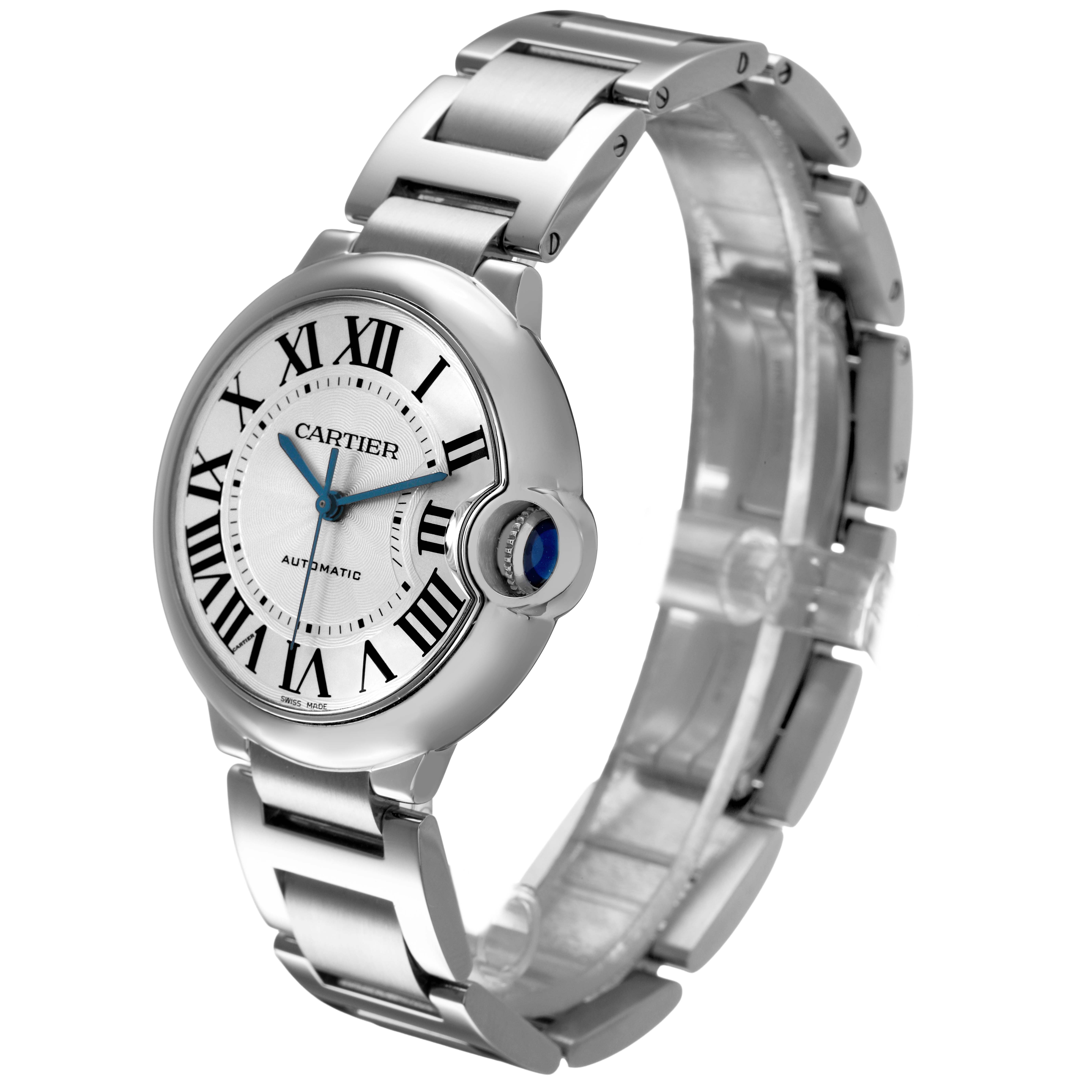 The Cartier Ballon Bleu W6920046 Women's Stainless Steel Silver Dial watch is shown at a three-quarter angle, displaying the dial, bracelet, and distinctive crown.