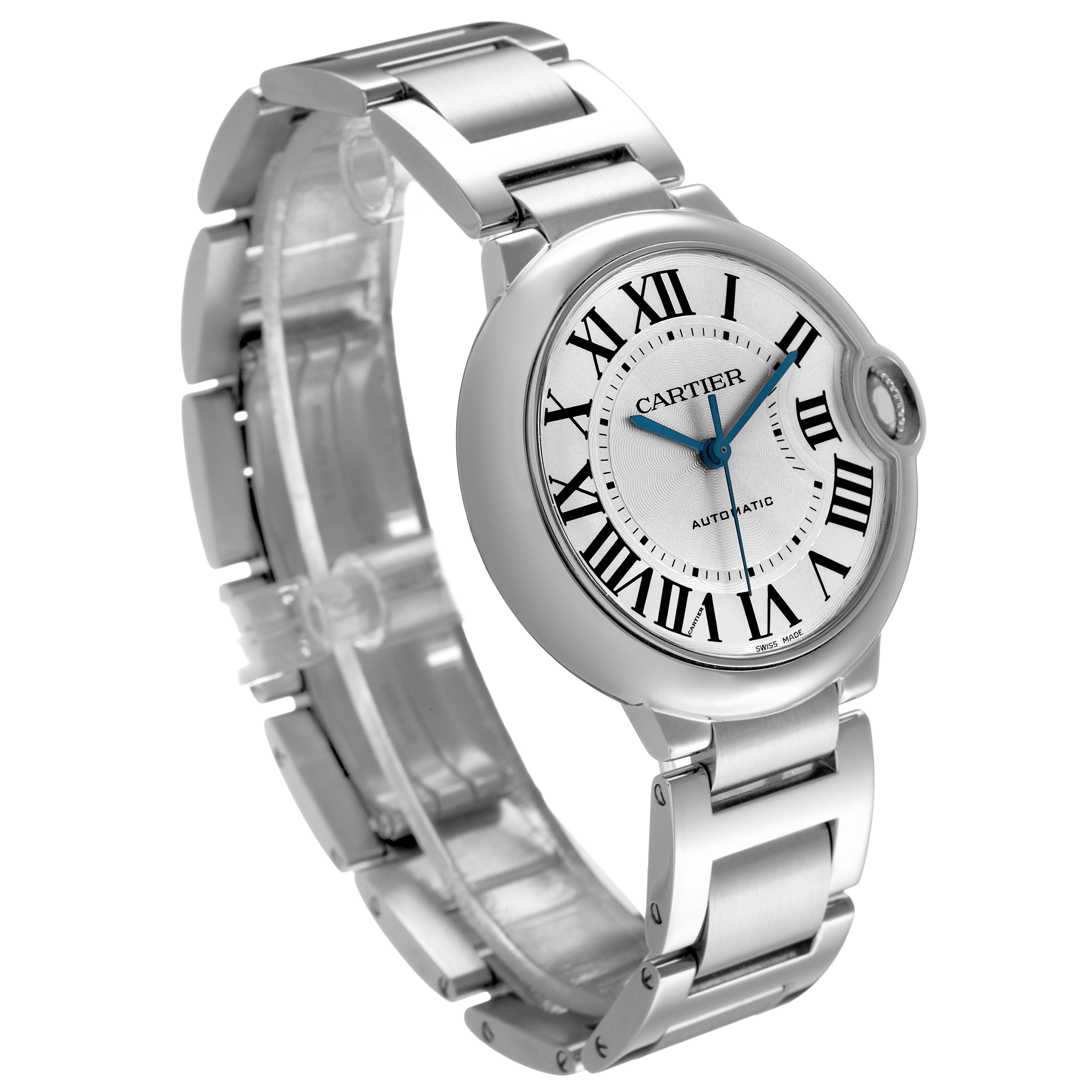The Cartier Ballon Bleu W6920046 Women's Stainless Steel Silver Dial watch is shown at a three-quarter angle, highlighting the face, case, and bracelet.